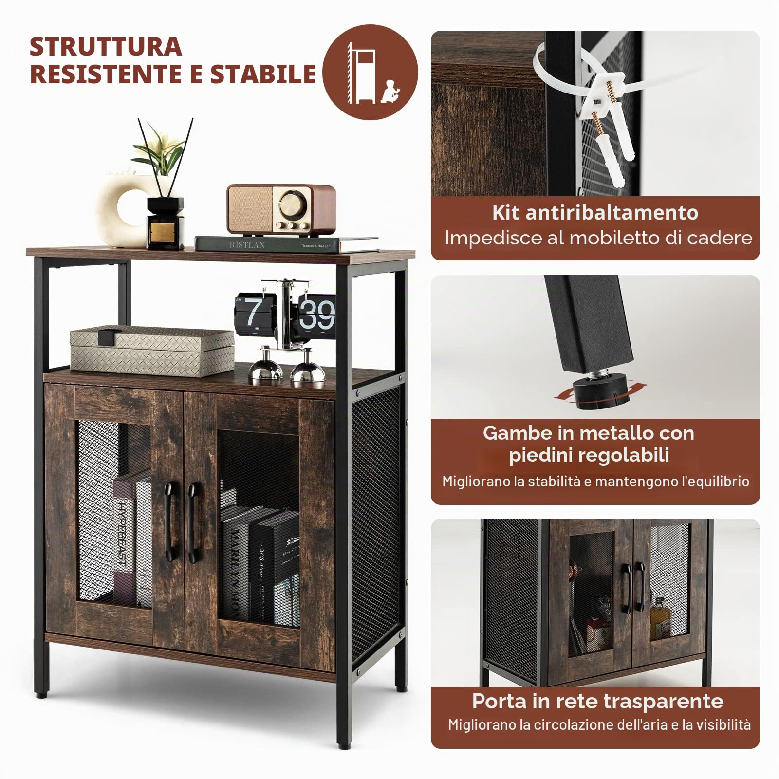 GIANTEX Cantinetta Porta Bottiglie da Vino, Credenza Industriale con 5 Portabottiglie Rimovibili, con Porta in Metallo a Rete Metallica, 60x34x79cm (Marrone)