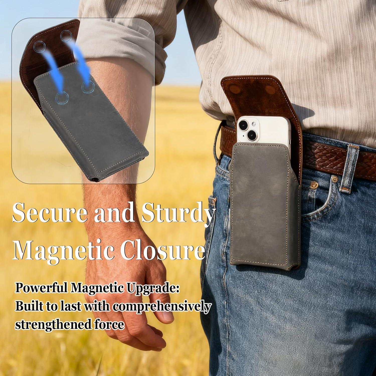 Leather Phone Holster - Genuine Full-Grain Buffalo Leather Cell Phone Holsters - for iPhone 16, 15, 14, 13pro, Galaxy S24, S23, S22-7.3" X 3.8" (Gray, Large)
