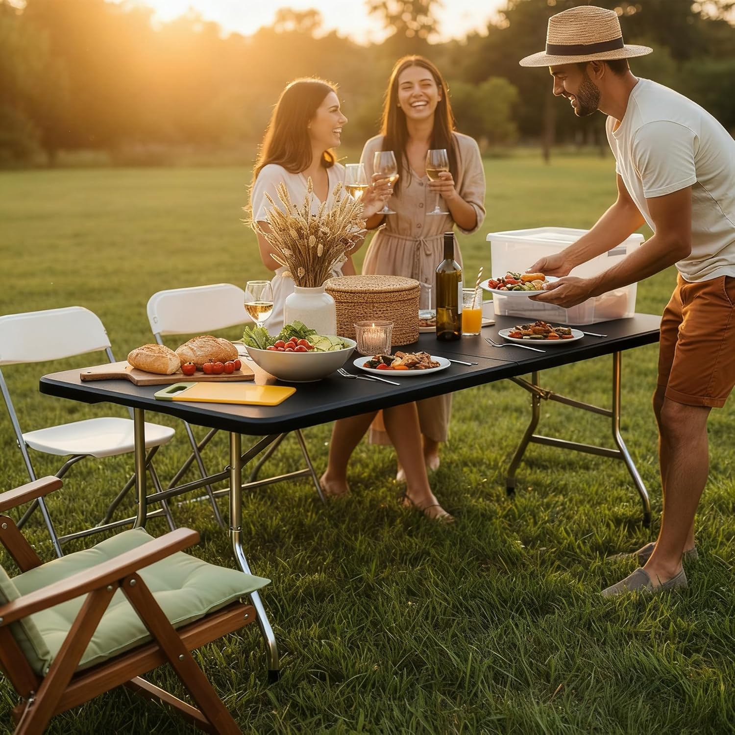 Folding Table 6FT Portable Heavy Duty Plastic Table with Carrying Handle Fold-in-Half Utility Foldable Tables for Parties Wedding Events Dining Indoor Outdoor Picnic (Black)