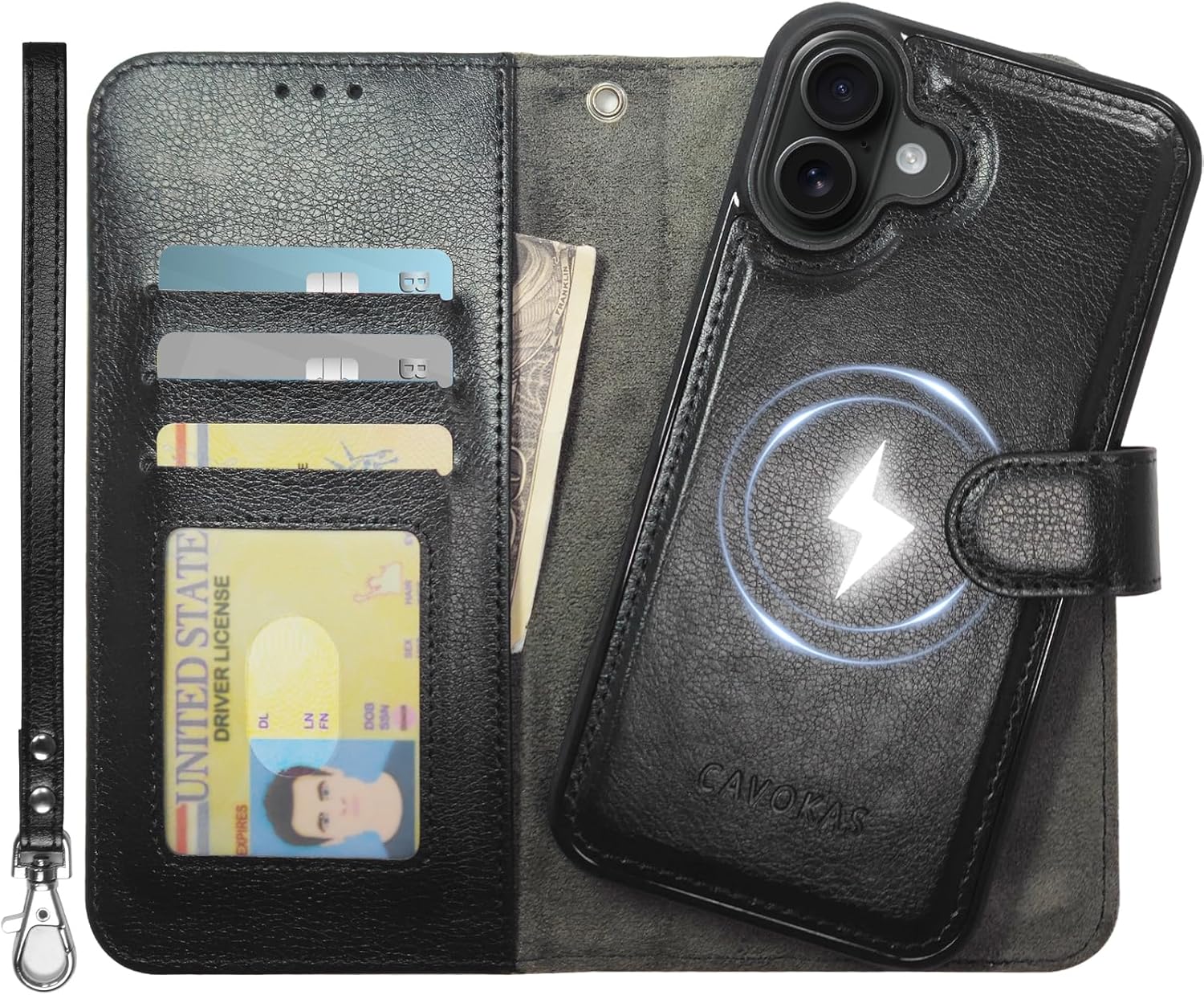 case wallet for iphone 16 plus wallet case, detachable leather cover with card holder, strong magnetic compatible with magsafe wireless charging, kickstand shockproof cover 6.7 inch, black iphone 16 plus black
