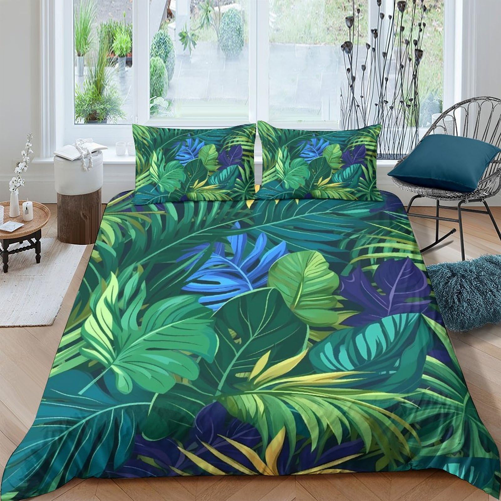 Ctjqhvkz Style-4 3D Printed Tropical Jungle Leaves Fitted Sheet Microfiber Soft Green Blue Botanical Bed Cover For Bedroom Guestroom Decor Single（135X200cm）