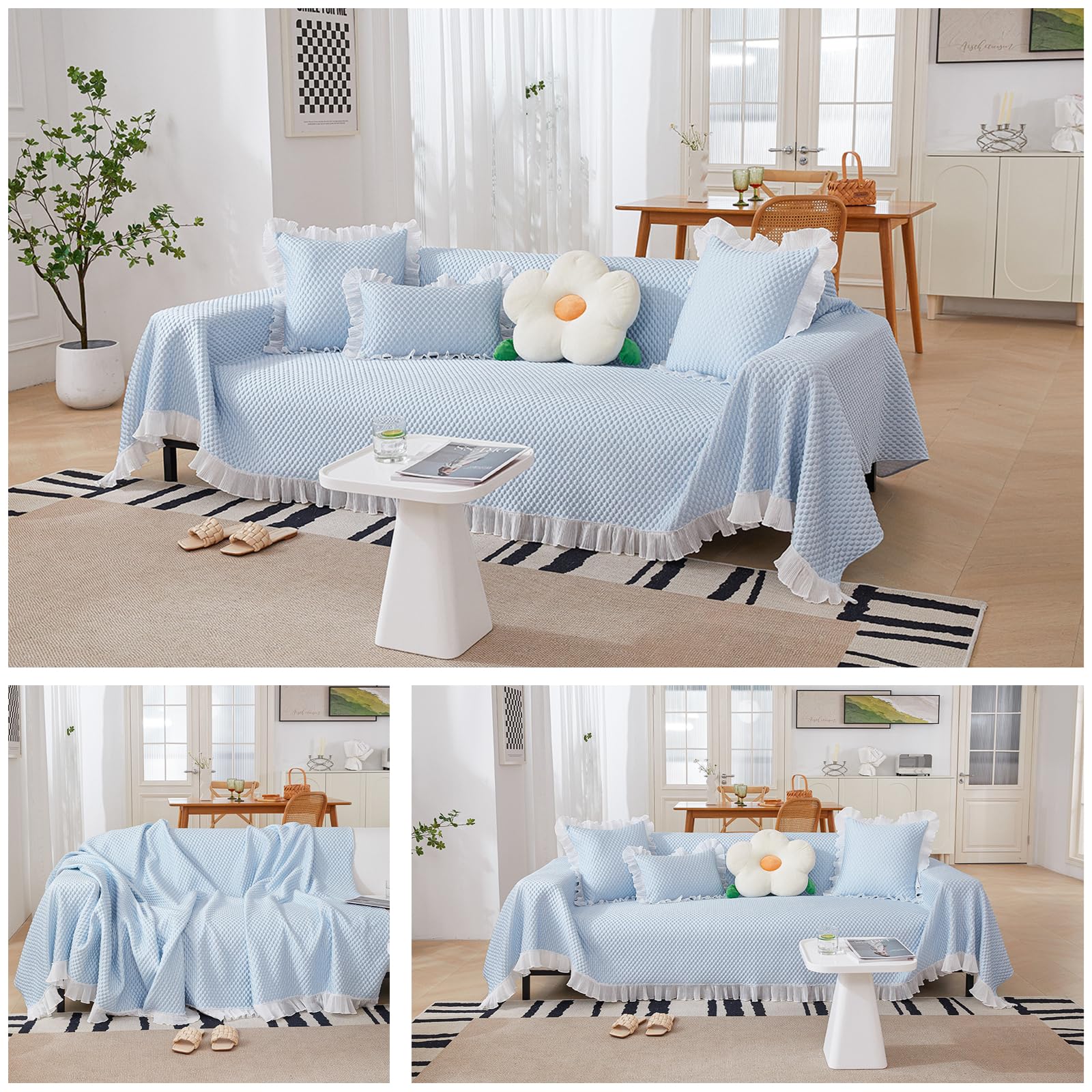 Copridivano estivo per divano a 3 posti, tessuto lavabile, look fresco, per soggiorno, 180 x 300 cm, blu - Slish & Fur Shield