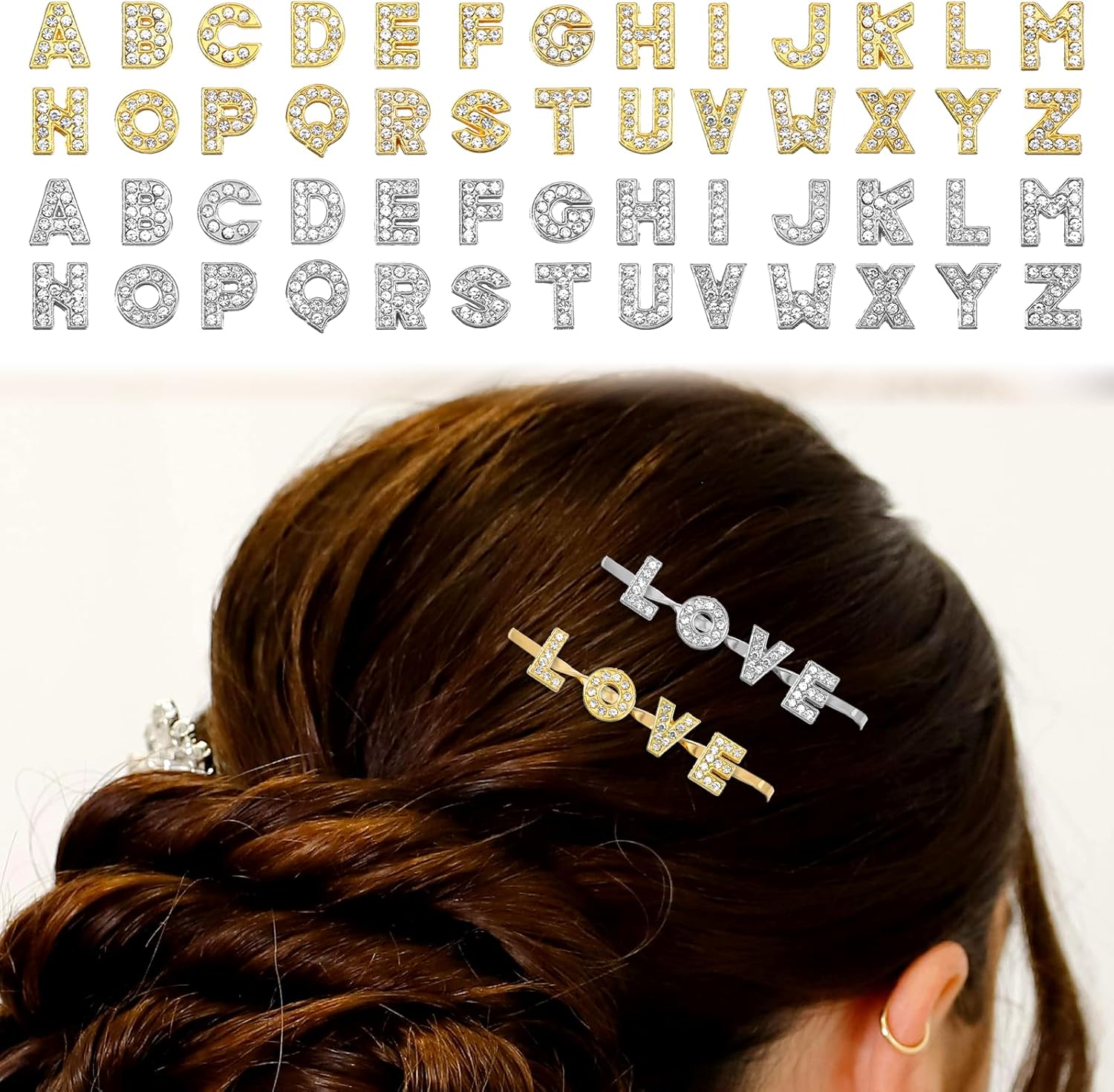 156 Pcs Full Rhinestone Letter Charms, A-Z 8mm Alphabet Charm for DIY, Slide Crystal Letters, Jewelry Making Charms for DIY Necklace Choker Wristbands Bracelets Hair Clips Shoelace, Silver and Gold - Image 2