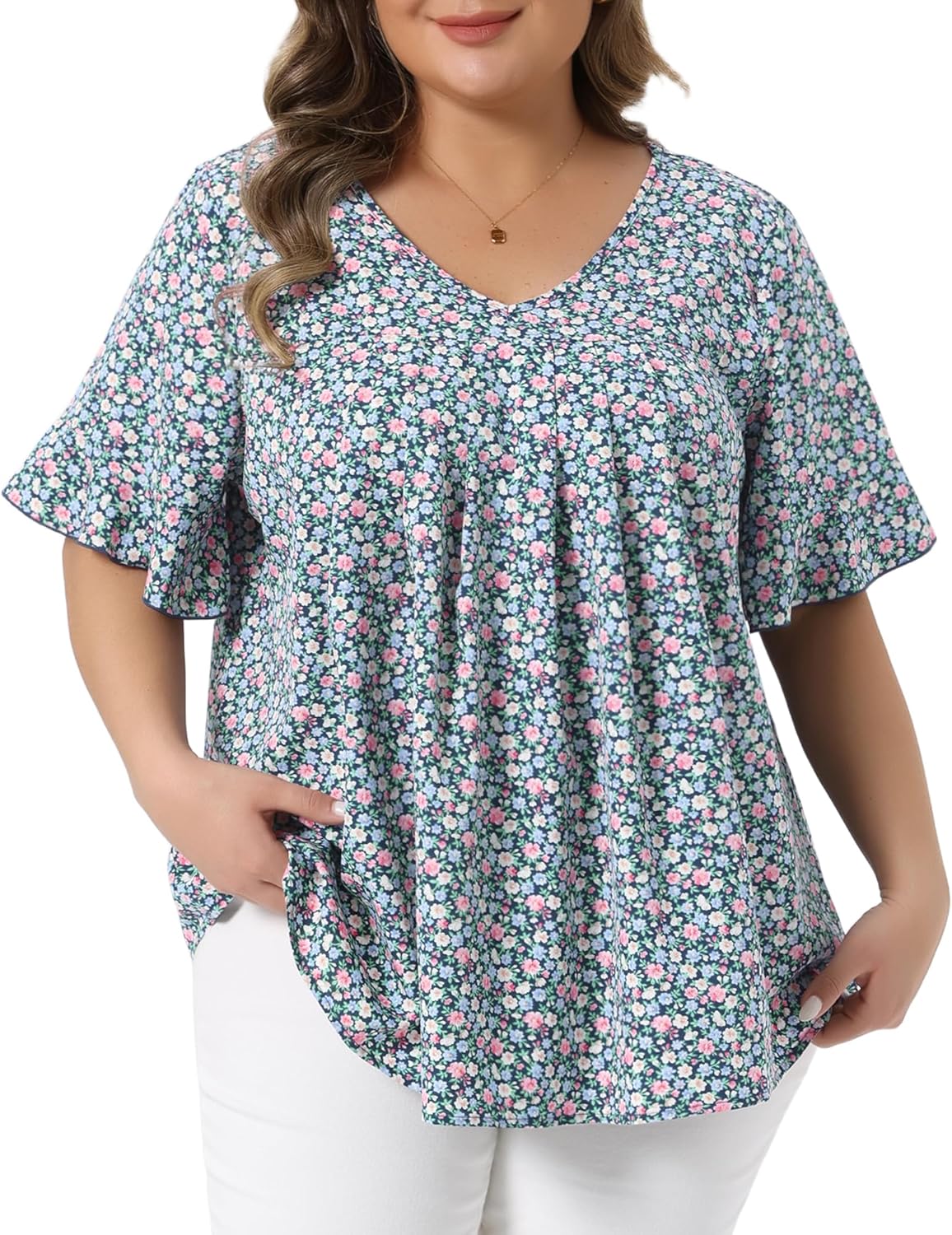 Agnes Orinda Plus Size Tops for Women V Neck Flared Sleeve Ditsy Floral Pleated Casual Summer Blouses