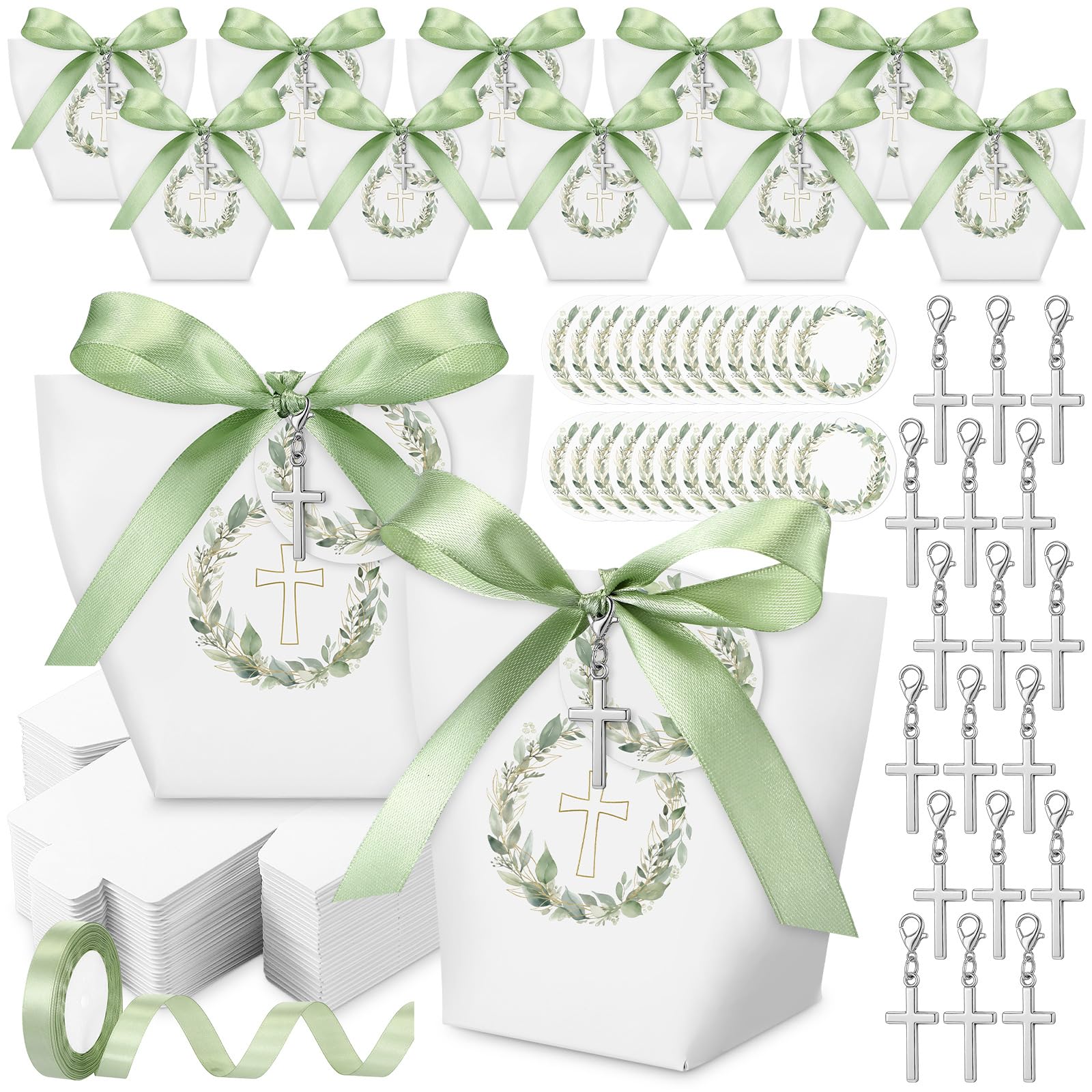Faccito Set 30 Scatoline Portaconfetti con Nastro e Portachiavi Croce – Con Etichette Decorative Eucalipto, Ideali per Bomboniere, Prima Comunione, Cresima, Matrimonio e Cerimonie Religiose