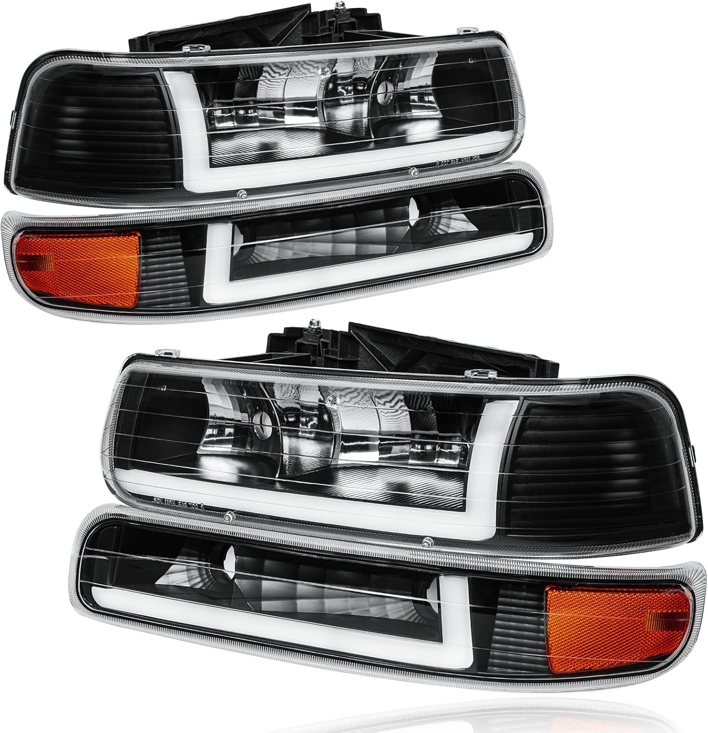 LED DRL Headlights Assembly for 1999-2002 Chevy Silverado 1500 2500 1500HD 2500HD 3500HD / 2000-2006 Tahoe Suburban 1500 2500 Replacements Amber Reflector Black Housing