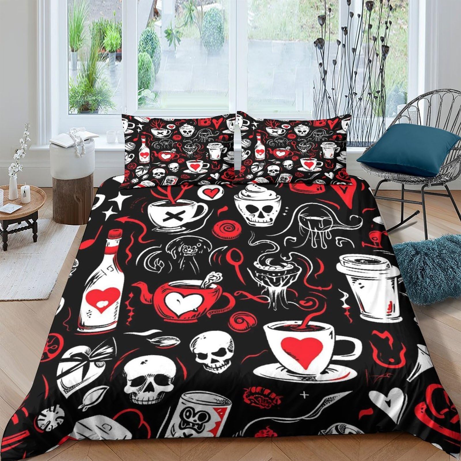 TUFRTGYHN 3D Printed Skull Gothic Duvet Cover Microfiber Soft Breathable Tattoo Elements Bedding Set with 2 Pillowcases for Bedroom Decor Single（135x200cm）
