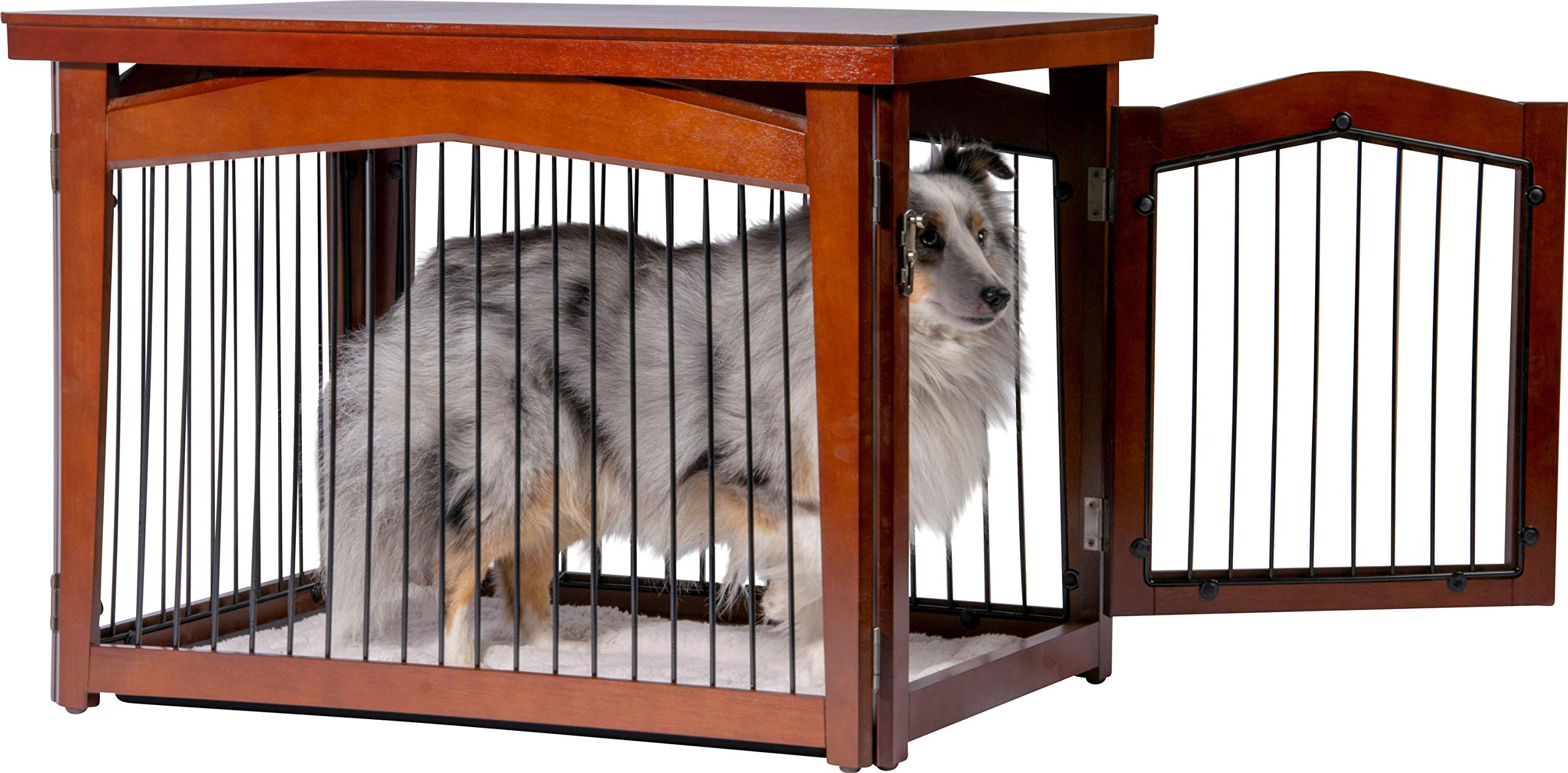 dobar® 35246 Design Hundekäfig und Absperrung Gr. M - Hundebox mit Tischoberfläche - Hundehütte für den Innenbereich - Hundehaus Massivholz - Couchtisch - Absperrgitter - 82 x 57 x 59 cm - Braun