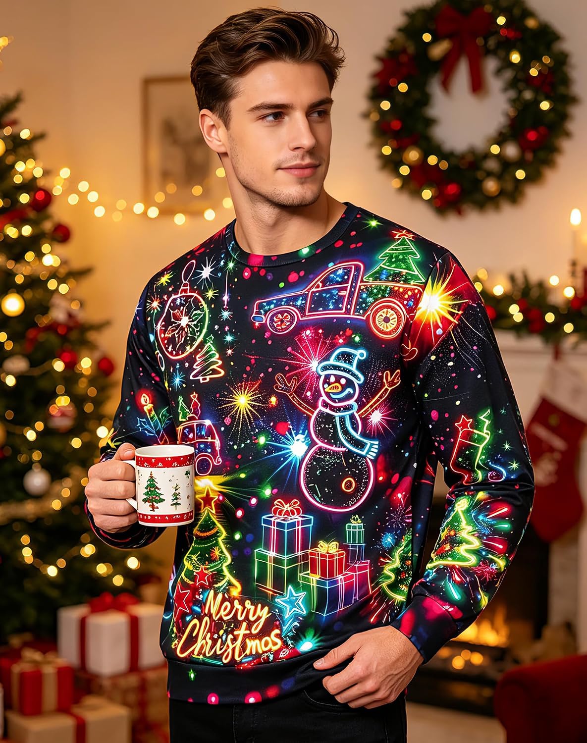 uideazone Mens Ugly Christmas Sweatshirts Funny 3D Graphic Pullover Shirts