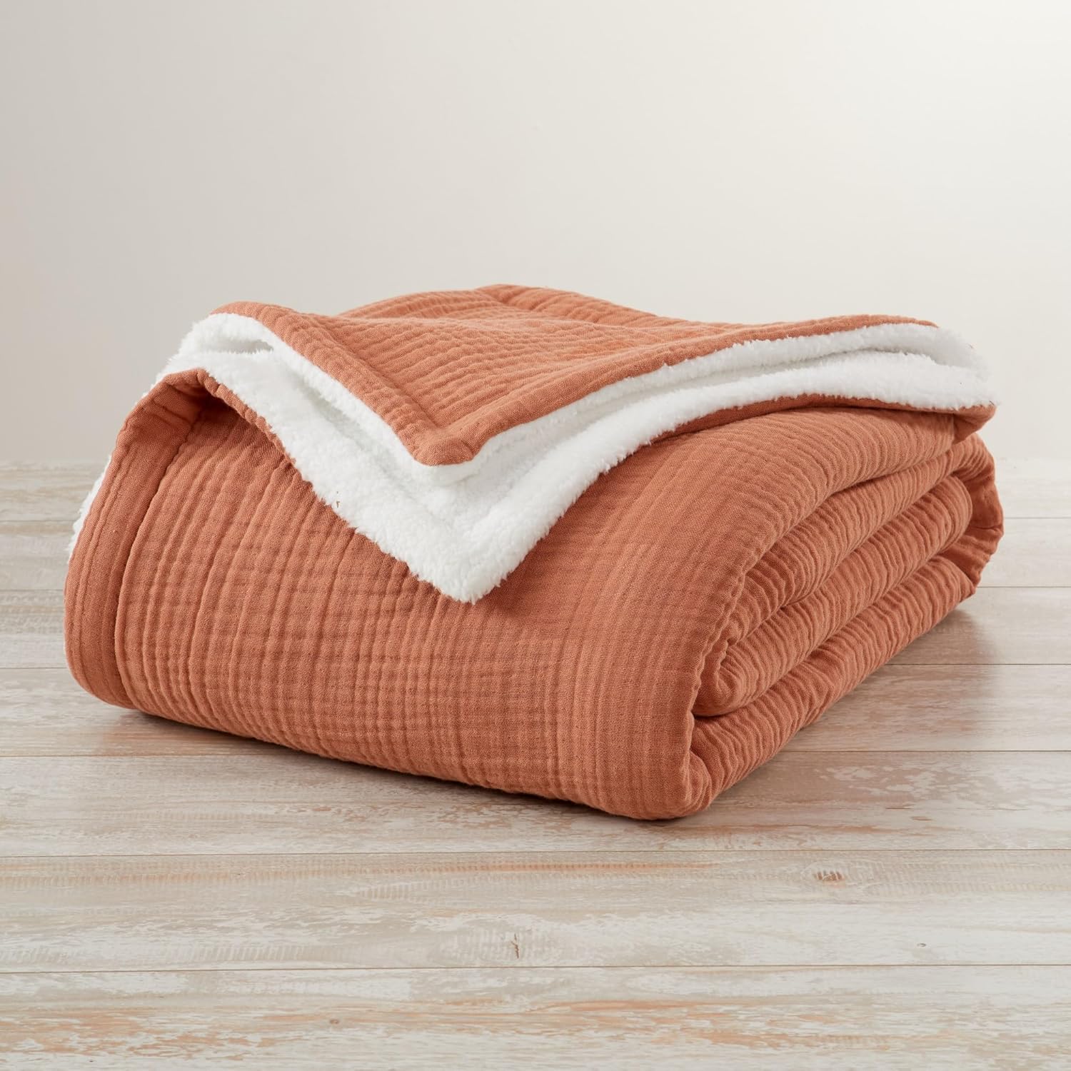 Cotton Muslin Sherpa Throw Blanket | Soft Cozy Reversible Throw for All Seasons | Lightweight Decorative Throw for Sofa, Couch, Bed | Maria Collection (50" x 60", Rust)