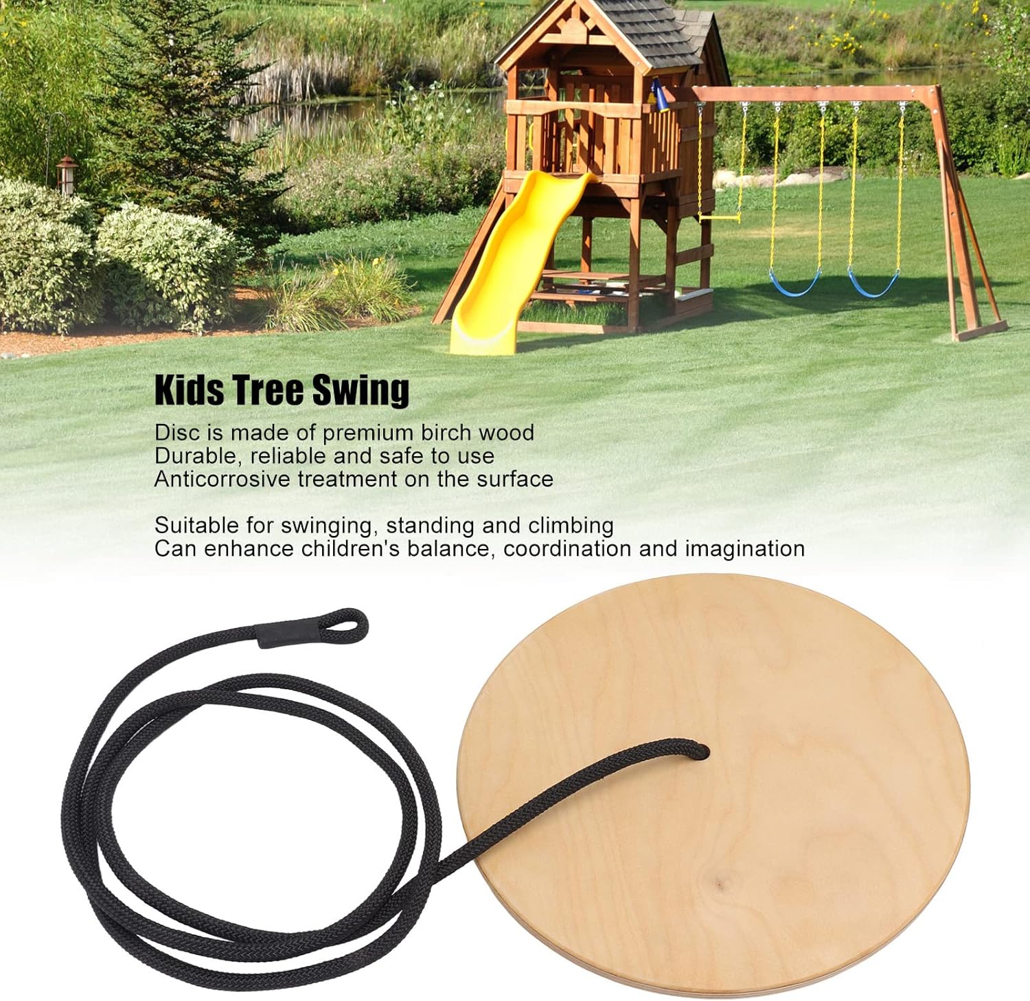 Kids Climbing Rope Tree Swing, Easy Installation 440 9lb Load Bearing 78 7in Wooden Disc Rope Swing for Adult for Outdoor