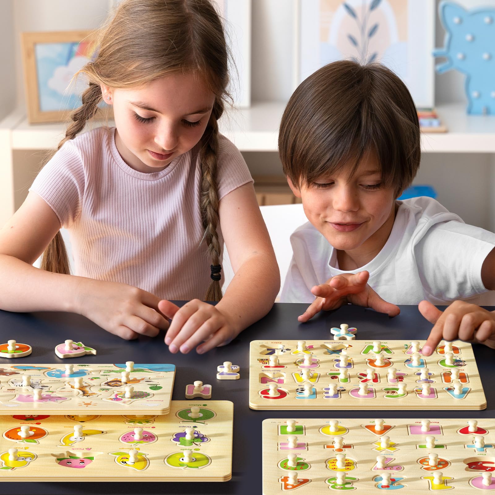 Paquete de 6 Rompecabezas de Madera para Niños de 2 a 4 Años, Juguetes Educativos Montessori con Alfabeto, Números, Animales, Vehículos y Formas