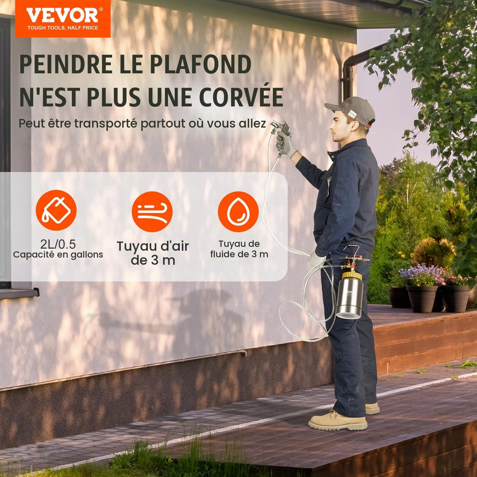 VEVOR Pistolet à Peinture avec Réservoir Portable 2 L Pot de Pression de Peinture Entrée d’Air 6,4 mm Sortie 9,5 mm Pulvérisateur de Peinture Buse 1,8 mm Pression Max 45 PSI pour Décoration Intérieure