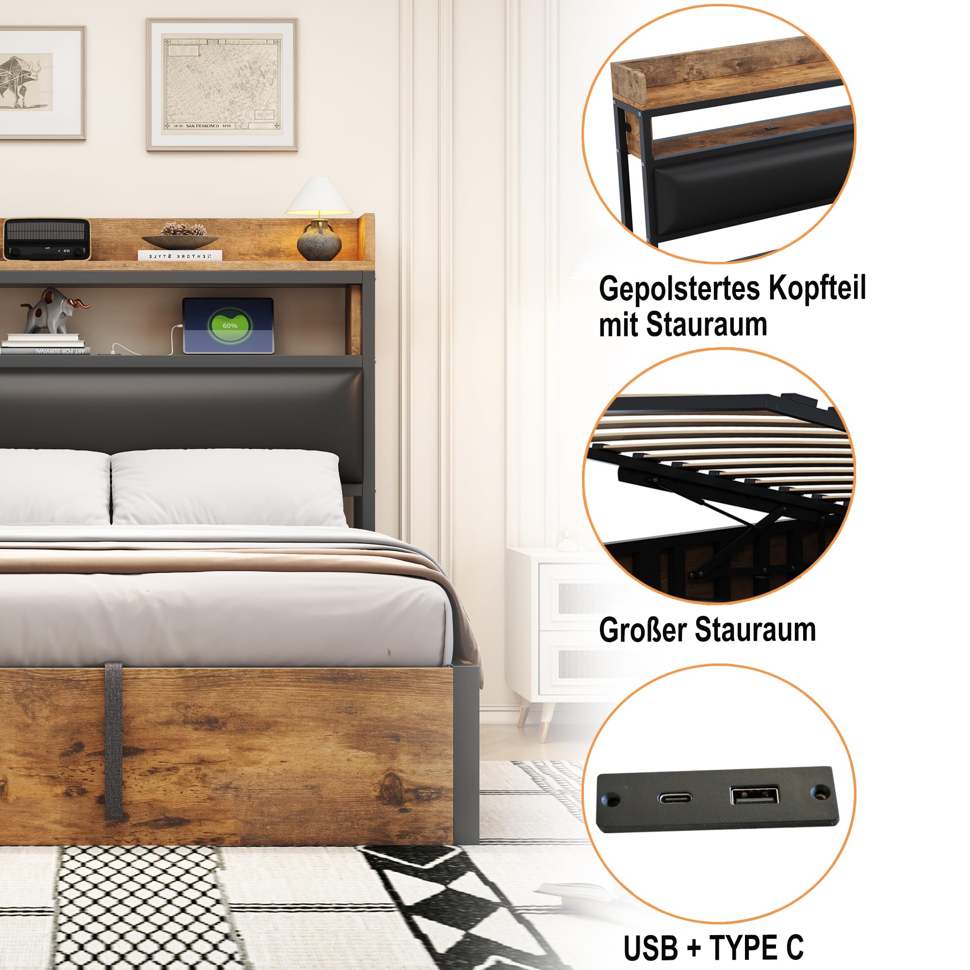 Letto 180 x 200 con sollevamento idraulico, USB, testata imbottita, design vintage in legno e metallo, spazio di archiviazione nascosto per letto matrimoniale. Mobili moderni per camera da letto