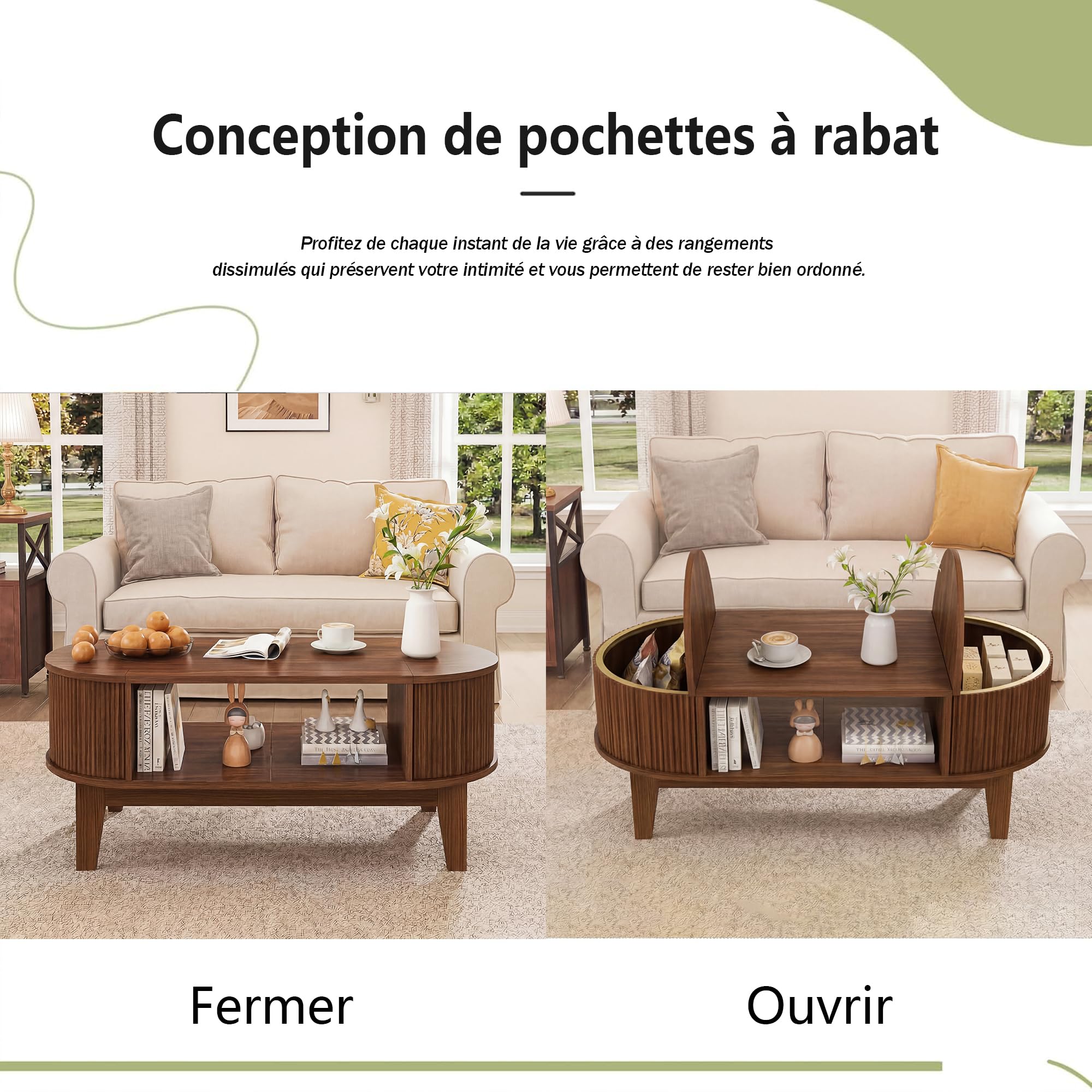 MEXUS Table Basse, Ovale Bois Table Basses, 2 Compartiment Rangement Caché Table Basses, Coffee Table Noyer, Applicable à Ranger Divers Objets, Servir D'espace Bureau Temporaire Décorer Salon