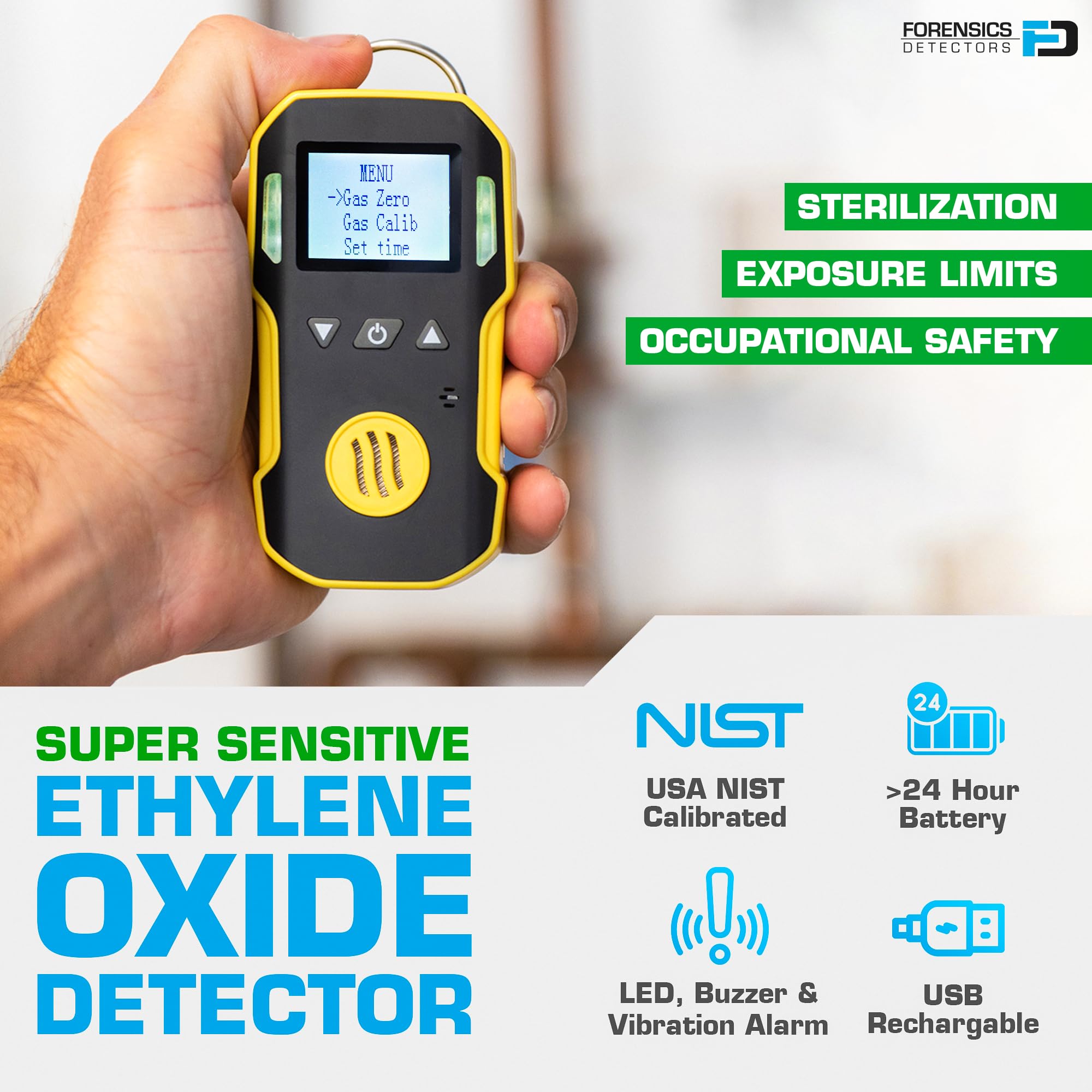 Détecteur d'Oxyde d'Éthylène (ETO) 0–20 ppm C2H4O avec Certificat d'Étalonnage UE et USA, Recharge USB, Alarmes Sonores Visuelles et par Vibration