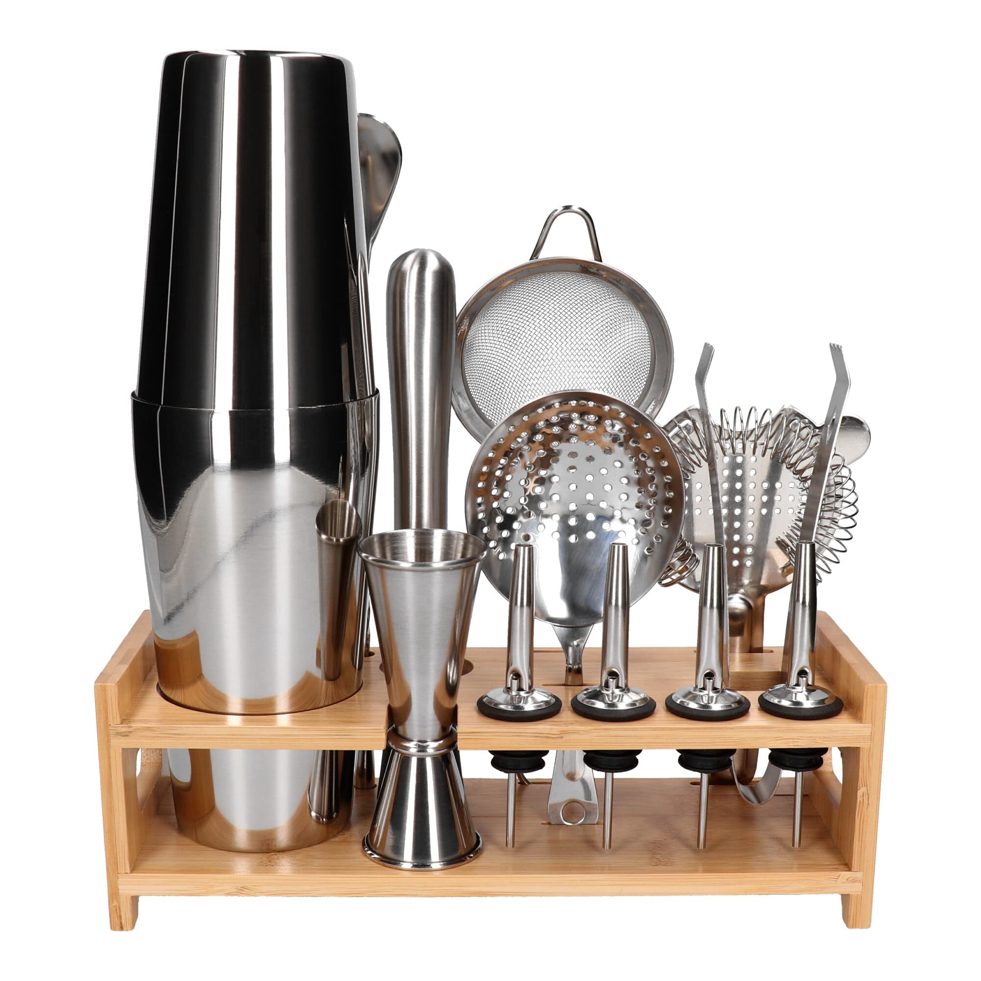 Juego de bar de 14 piezas con elegante coctelera de plata y base organizadora premium