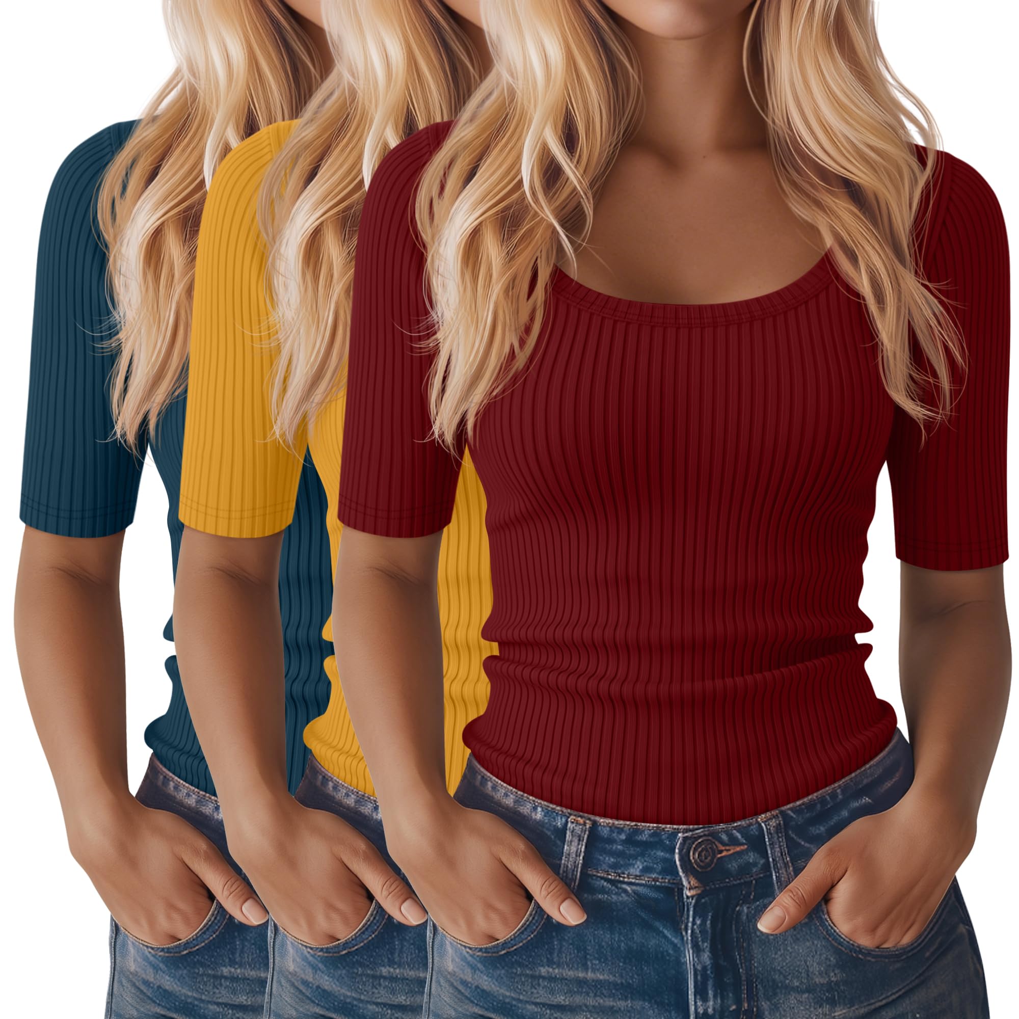 Ficerd 3 Pack Women's Half Sleeve Tops Ribbed Elbow Length Shirts Scoop Neck Slim Fit Summer Basic Tee Trendy Casual Blouses
