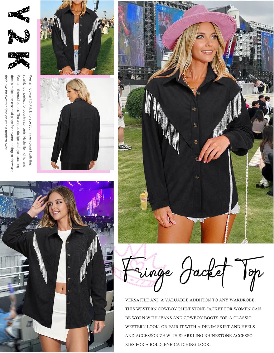 Nlife Womens Corduroy Nashville Sparkly Rhinestone Fringe Shacket Concert Outfits Long Sleeves Spakle Tassel Shirt Jacket - Image 4