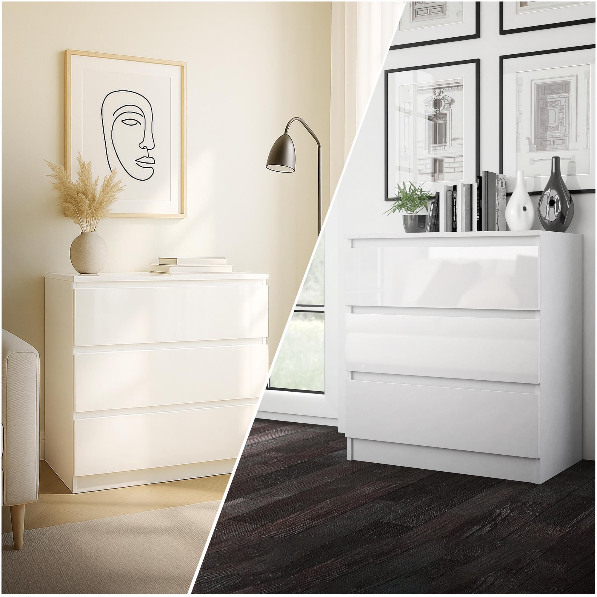 CDF Malwa M3 Commode Blanc Brillant Meuble pour Documents Petit Objet Idéal pour Salon, Chambre à Coucher, Chambre d'enfant, Chambre d'adolescent et Bureau, 3 tiroirs spacieux, Table de Chevet