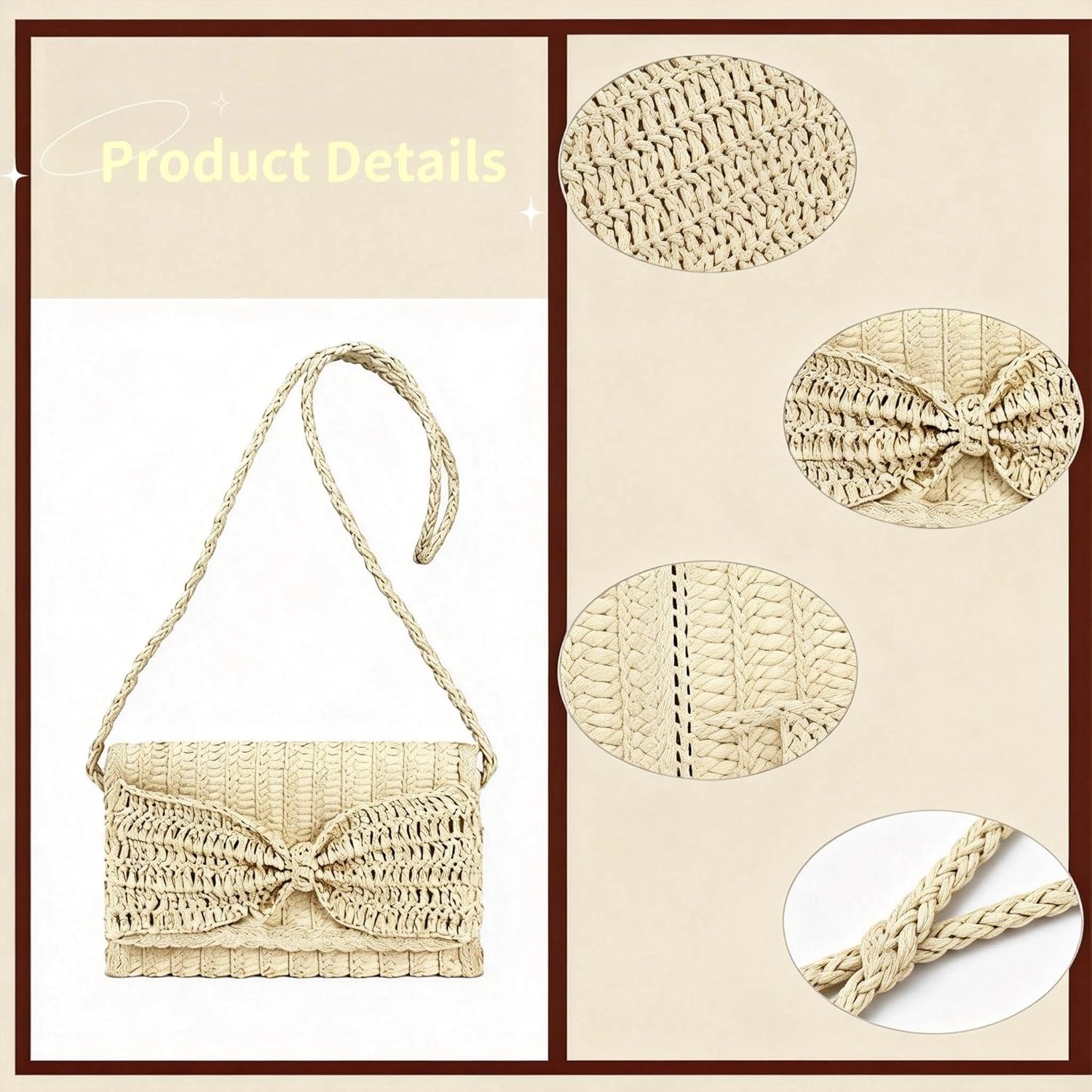 Bow Straw Crossbody Bag for Women, Leather Strap Woven Straw Beach Bag, Summer Vacation Handbag ，Clutch Purses for Women
