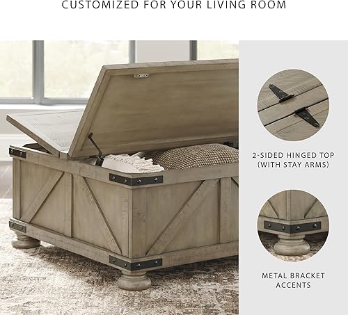 Miniatura 5 de Signature Design by Ashley - Mesa auxiliar cuadrada estilo granja Aldwin con tapa abatible para almacenamiento, color marrón grisáceo Marrón