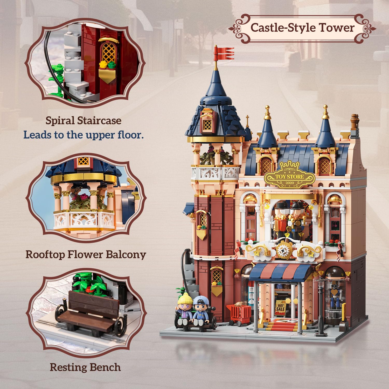 PANTASY Spielzeugladen Baukasten für Erwachsene, Europäisches Schloss im Modular Street Scene Design, Sammler-Architektur Bauset mit Nussknacker-Bühne, Arcade, Balkon, Dachspielplatz & Minifiguren