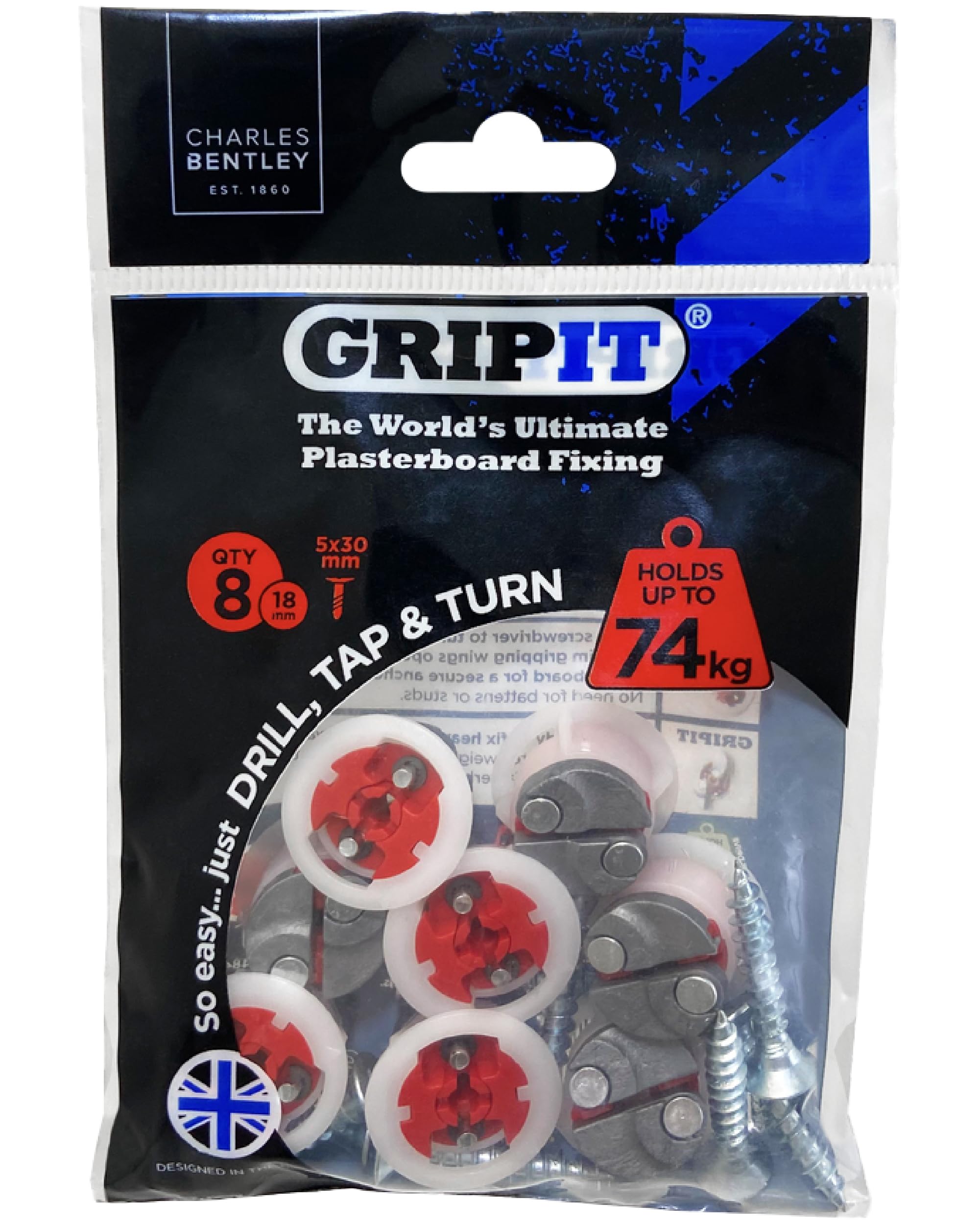 Gripit Red Plasterboard Fixings - Pack of 8 - Heavy Duty Plasterboard Fixings for Drywall & Stud Walls, Holds Up to 74kg - Ideal for Shelves, Shower Units and Speakers - Easy Install & UK Designed