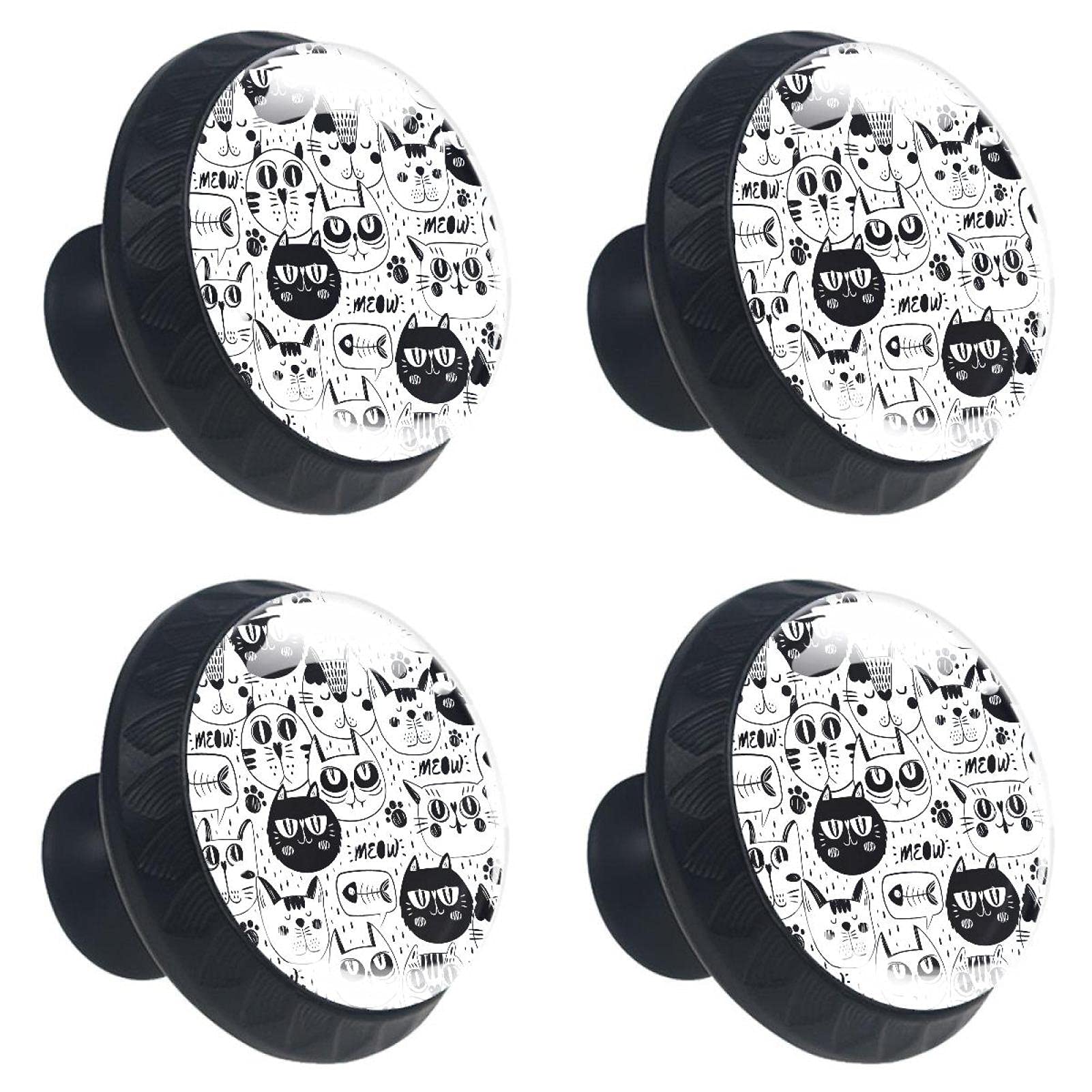 Boutons de tiroir chat lot de 4 poignées blanches et noires design multicolore