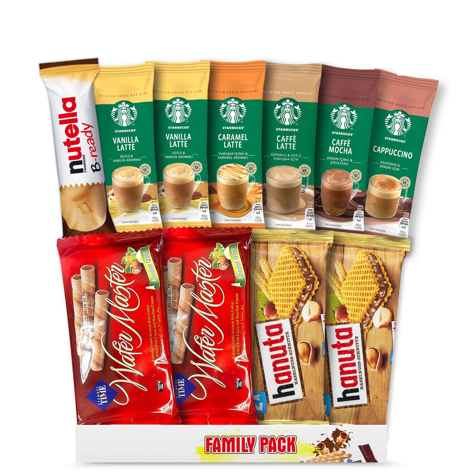 CARIANS Coffee and Chocolate Deluxe Gift Set, Starbucks Cappucino, Mocha, Caramel Latte, Cafe Latte, Nutella Bar, Hanuta and Master Wafer, Perfect for Coffee & Chocolate Lovers, 11 pc.