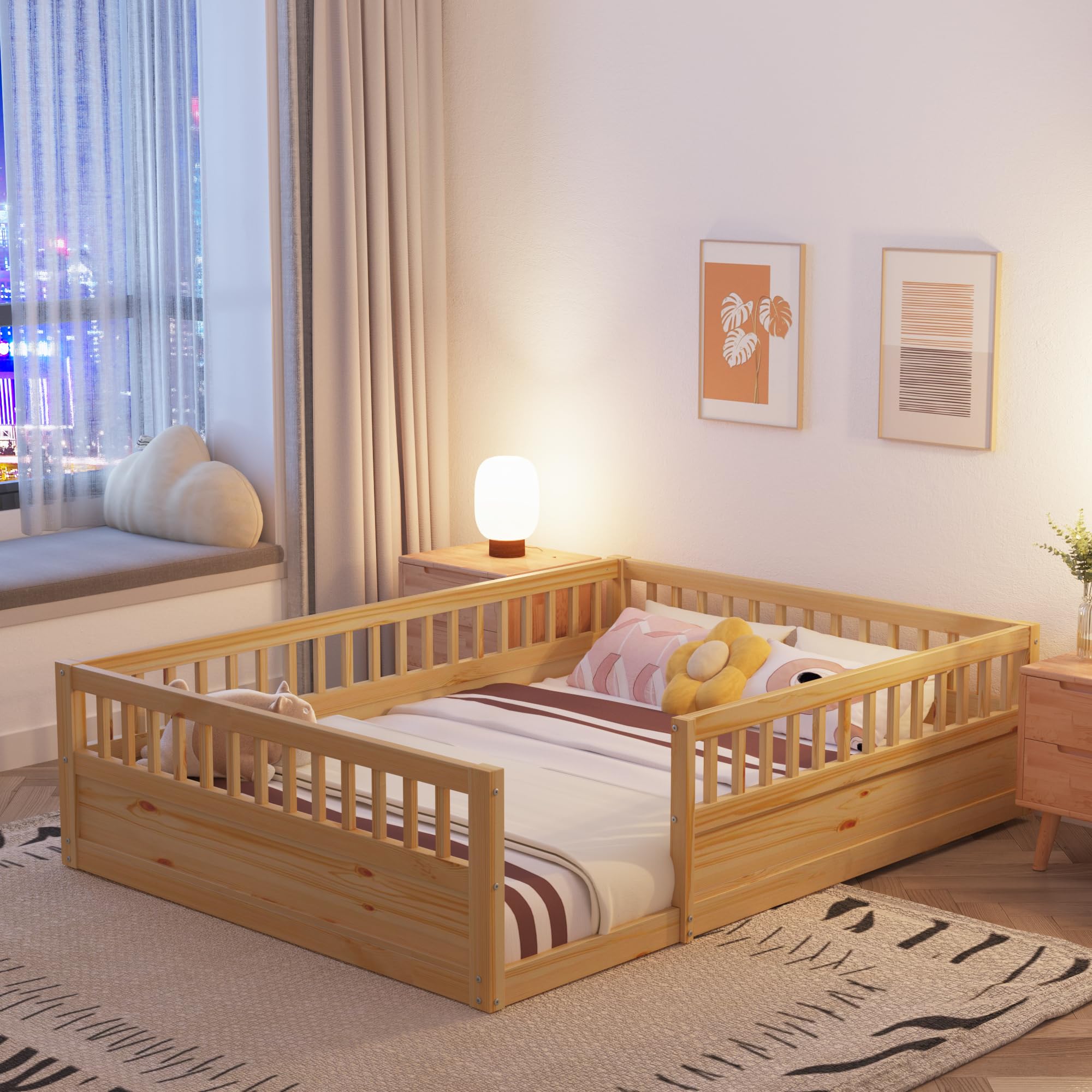 Floor Bed for Kids,Full Size Montessori Floor Bed with High Fence,Solid Wood Playhouse Bed Frame with Rails for Boys Girls Teens (Natural)