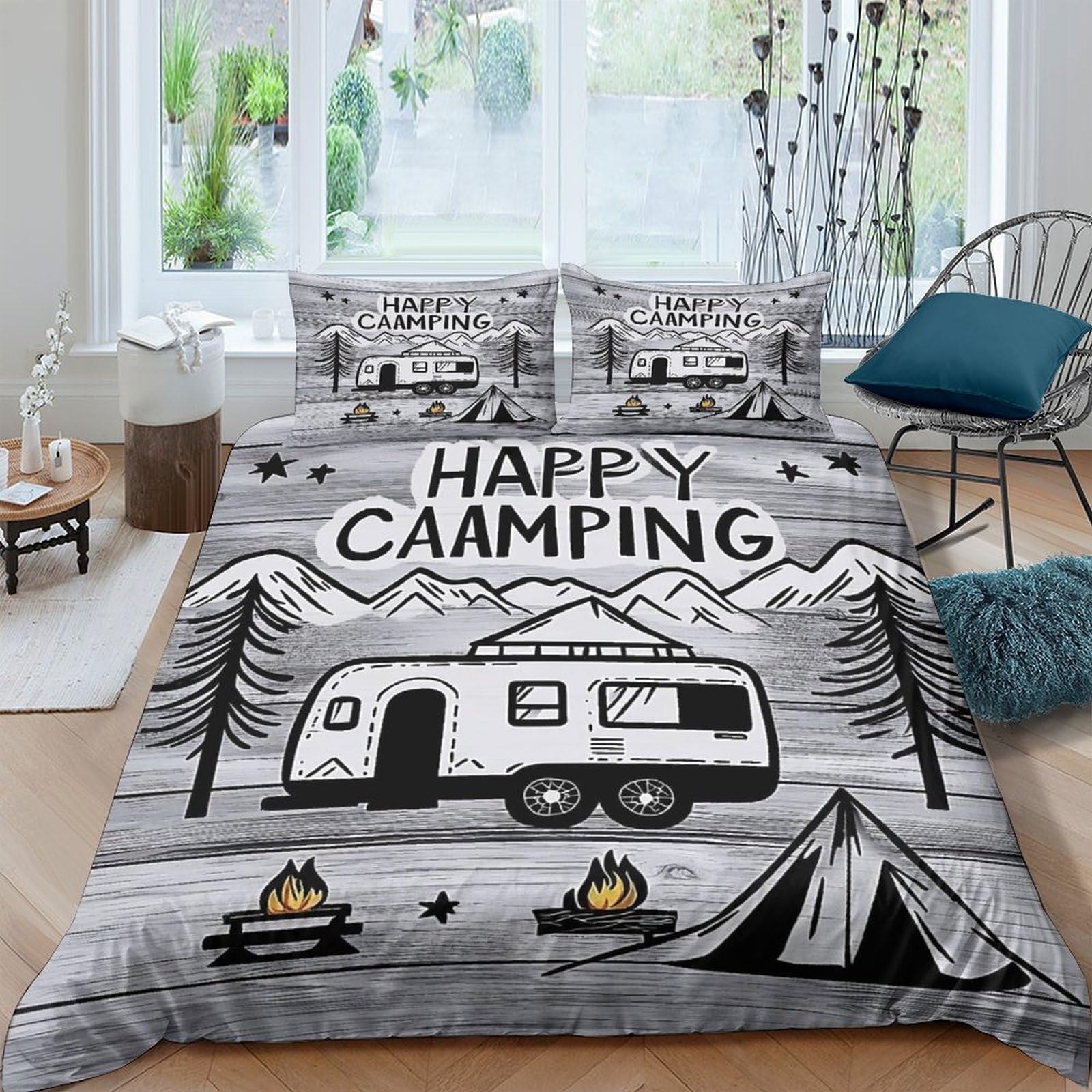 GPLZQXKJNH 3D Printed Camper Mountain Duvet Cover Microfiber Grey Happy Camping Bedding Set with 2 Pillowcases for Bedroom Decor Single（135x200cm）