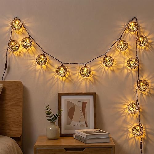 Miniatura 5 de Vigdur Luces de Cadena de Bolas de Ratán, Luces de Cadena de Linterna Boho con 10 Bombillas LED Conectables, Luces de Cadena para Interiores