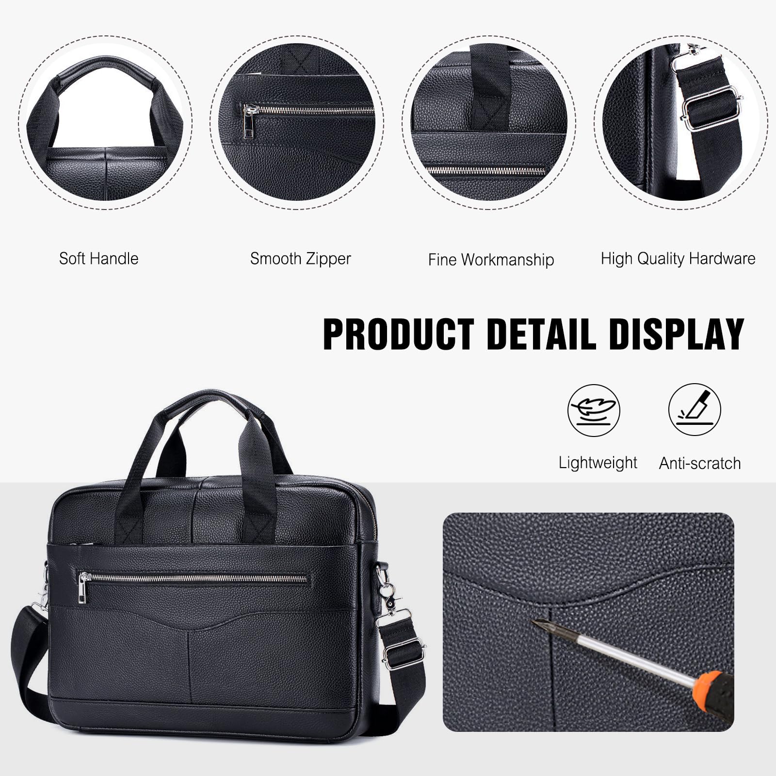 FANDARE Skórzana teczka w stylu retro, męska, na laptopa, crossbody, torba biznesowa z odpinaną torbą na ramię i wieloma kieszeniami, profesjonalna torba na komputer do pracy i podróży