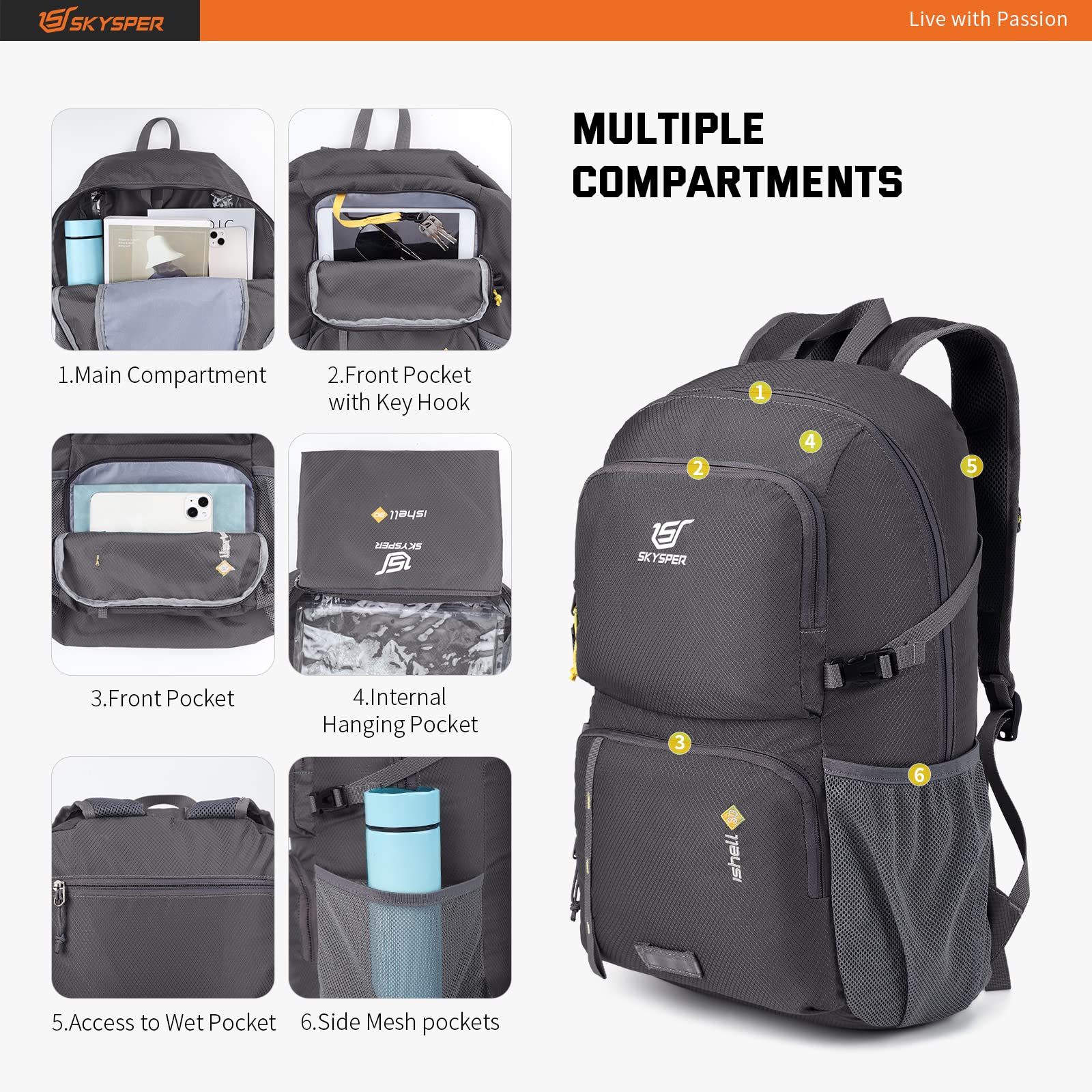 SKYSPER Zaino Ultraleggero Pieghevole, Zaino Ripiegabile 30L Resistente all'Acqua con Strisce Riflettenti Zaino da Trekking per Hiking Escursione Viaggio Uomo Donna