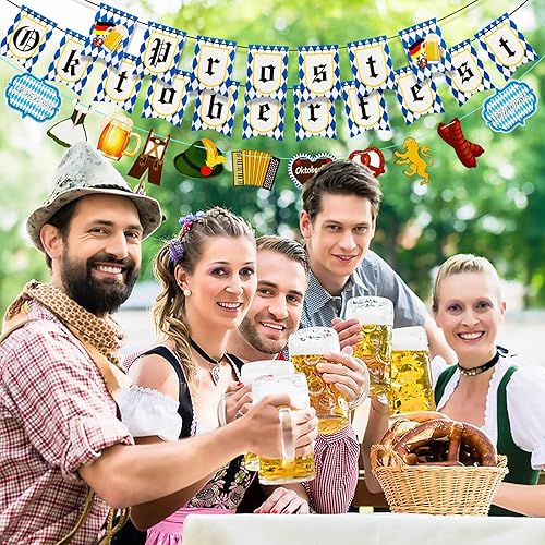 Miniatura 6 de Cartel de Oktoberfest, 3 piezas de bandera de Oktoberfest Prost decoración colgante guirnalda blanca y azul bávara de cerveza alemana festival