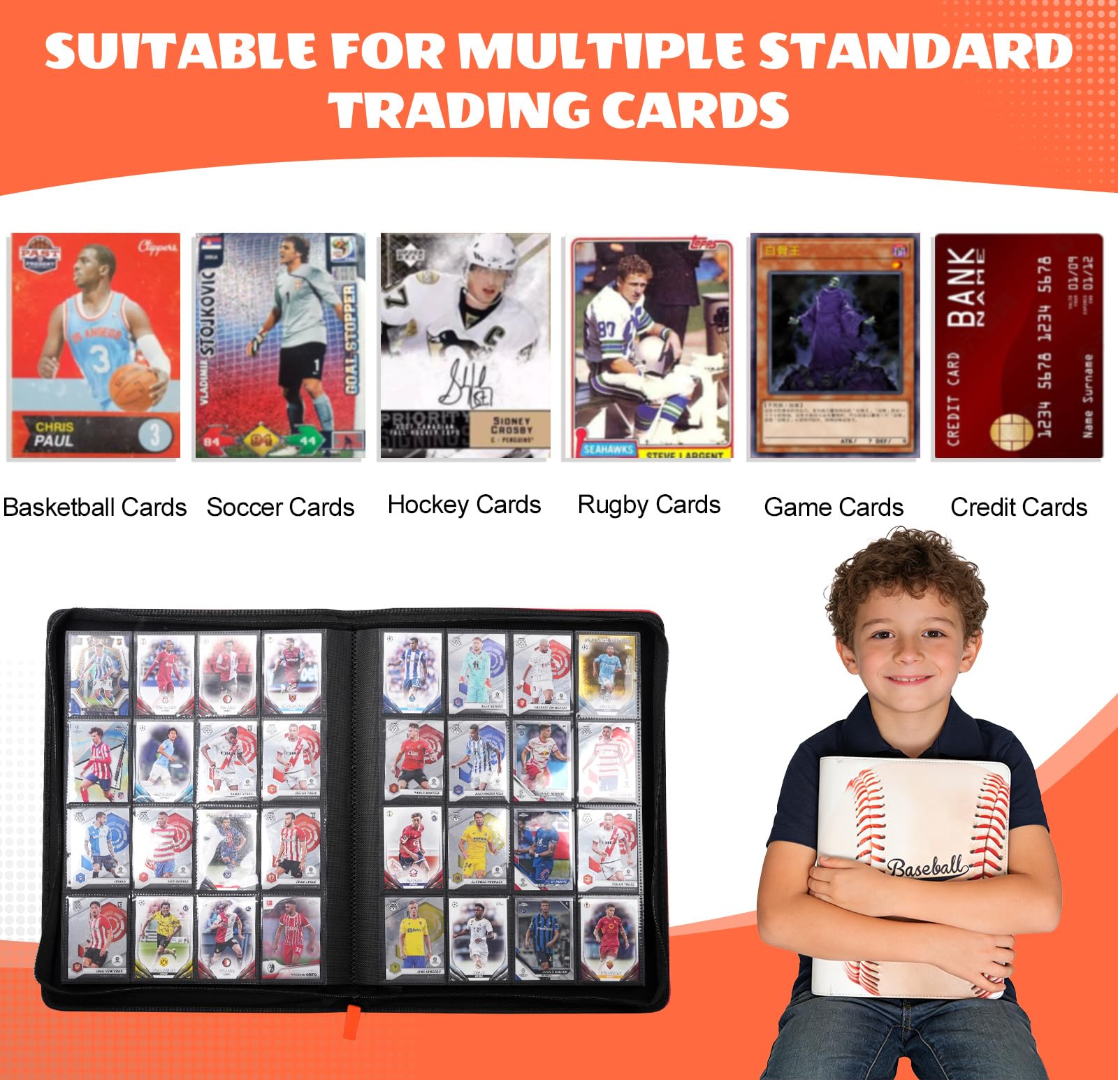 16 Pocket Card Binder mit Baseball-Muster - Hält 1024 Karten, 16 Pocket Side Loading Seiten, Reißverschluss Hardcover für Sammelkarten, Sportkarten, Baseballkarten & Sammlerstücke