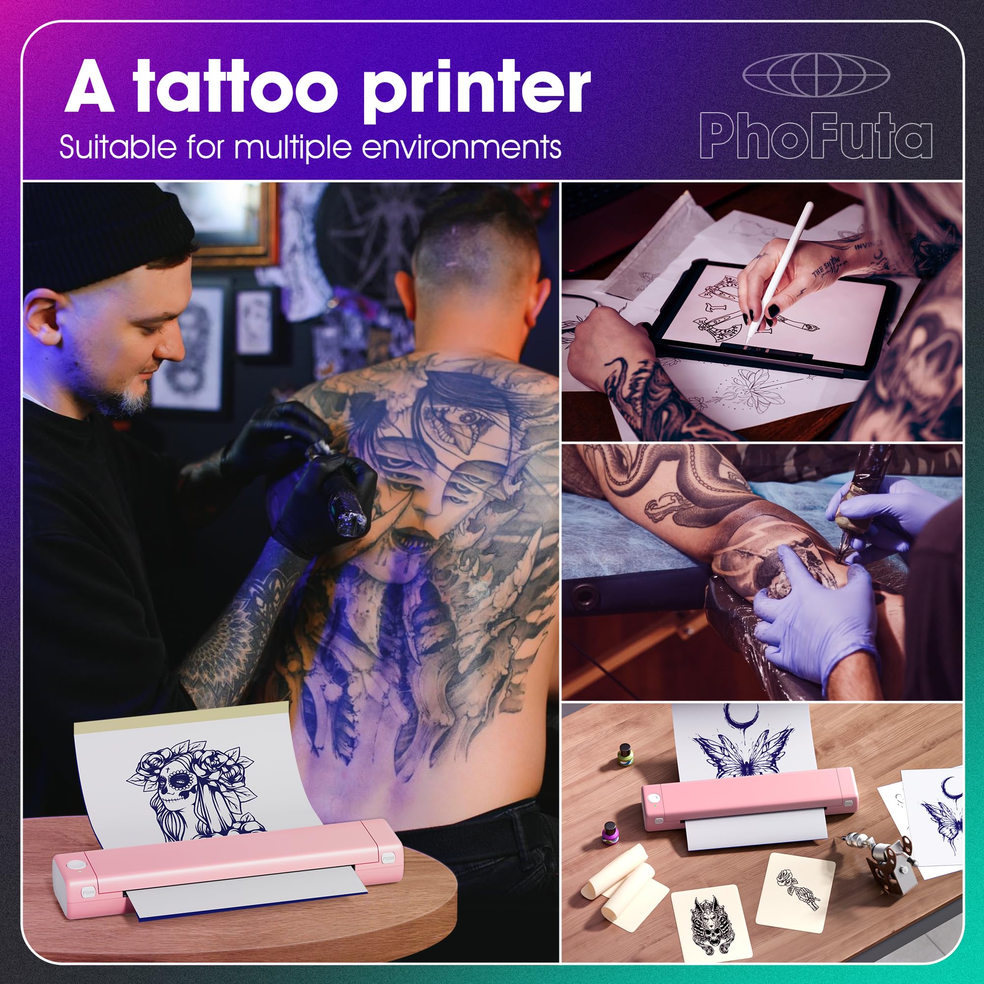Tattoo Drucker, Tattoo Stencil Drucker mit 10 Blatt Stencil Papier für Tattooing, Thermodrucker Tattoo Kompatibel mit IPad & Telefon & PC für Tattoo Künstler und Anfänger DIY Tattoos, Rosa