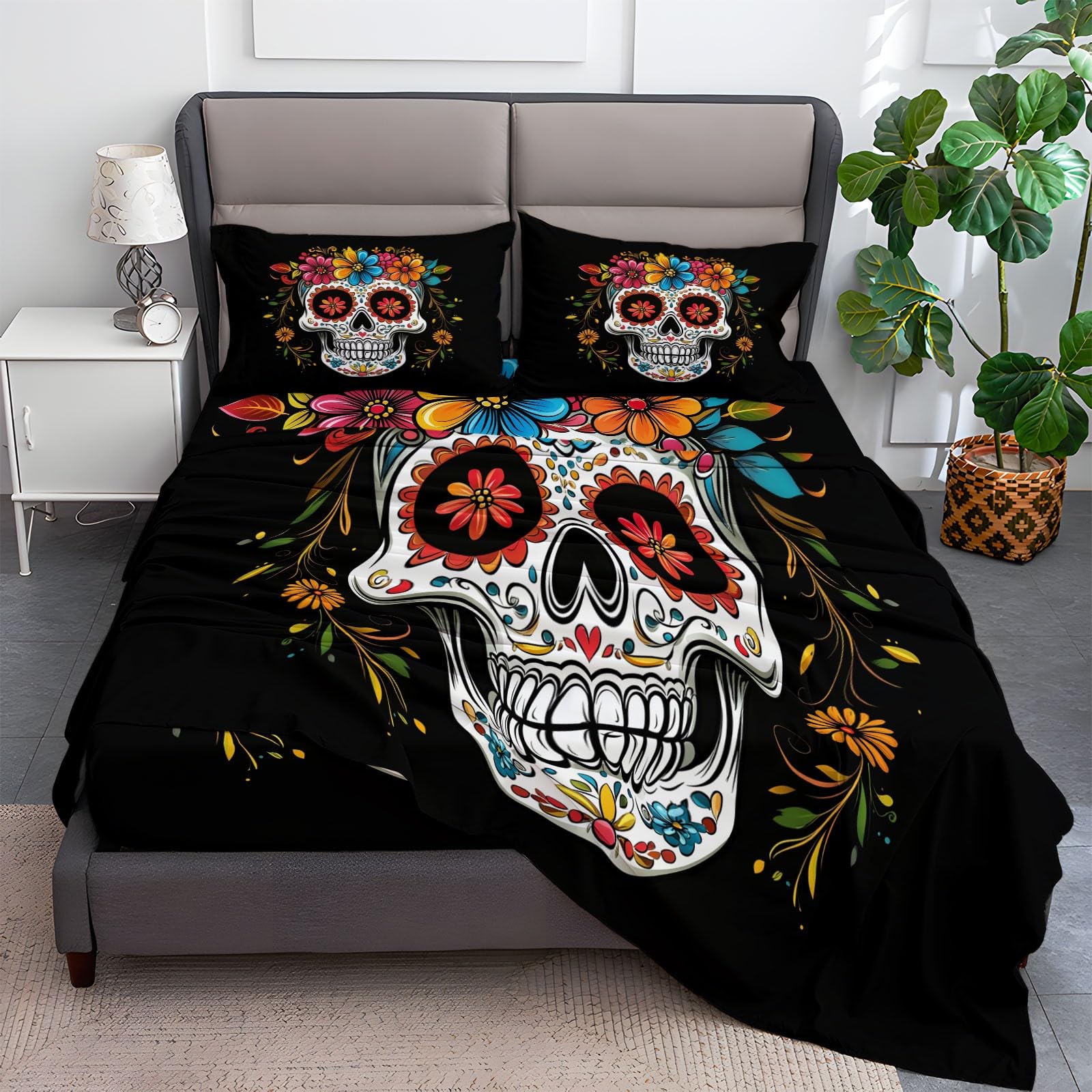 Fitted Sheet Twin Size Bedding Set for Kids Girls Women Men Room Decor, Soft Microfiber & Deep Pocket & Wrinkle Free Abstract Mexican Skull Bedding Sheets, Colorful