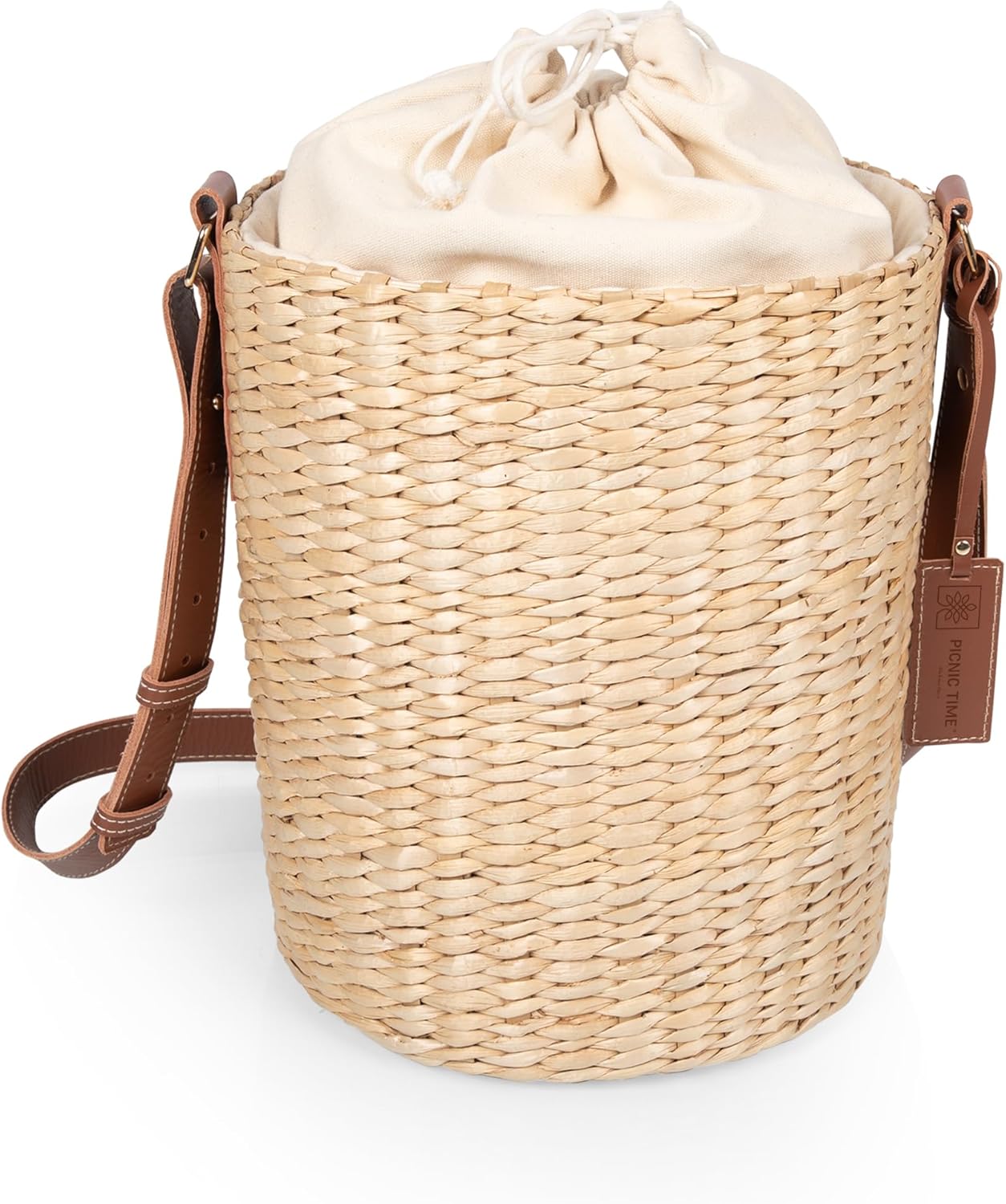 PICNIC TIME Palermo Rush Insulated Bucket Tote with Leather Straps, Insulated Beach Bag, Picnic Tote Bag, (Beige Canvas)