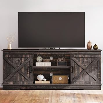DWVO Farmhouse TV Stands for Living Room, Entertainment Center with Storage, TV Stand for 65 Inch TV with Double Barn Doors & Storage Cabinets, Rustic TV Cabinet Media Console, Dark Oak