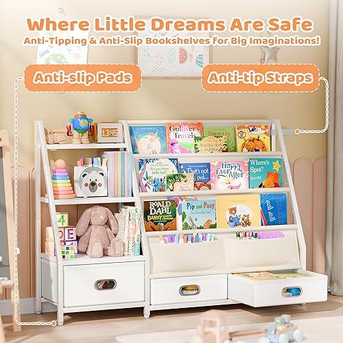 Miniatura 4 de Estantería para niños y almacenamiento de juguetes, estante de libros de 3 niveles para habitaciones de niños, estantería para bebés con 3 cajones,
