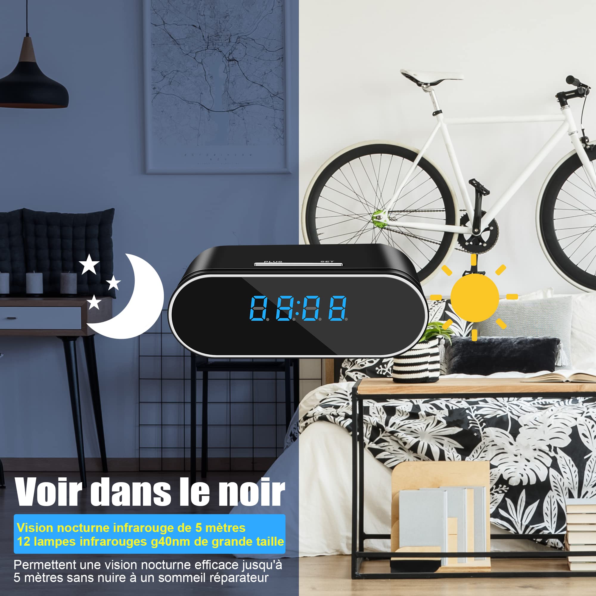 Caméra de Surveillance WiFi Intérieure 1080P Mini Espion Sans Fil Vision Nocturne Détecteur de Mouvement Noir