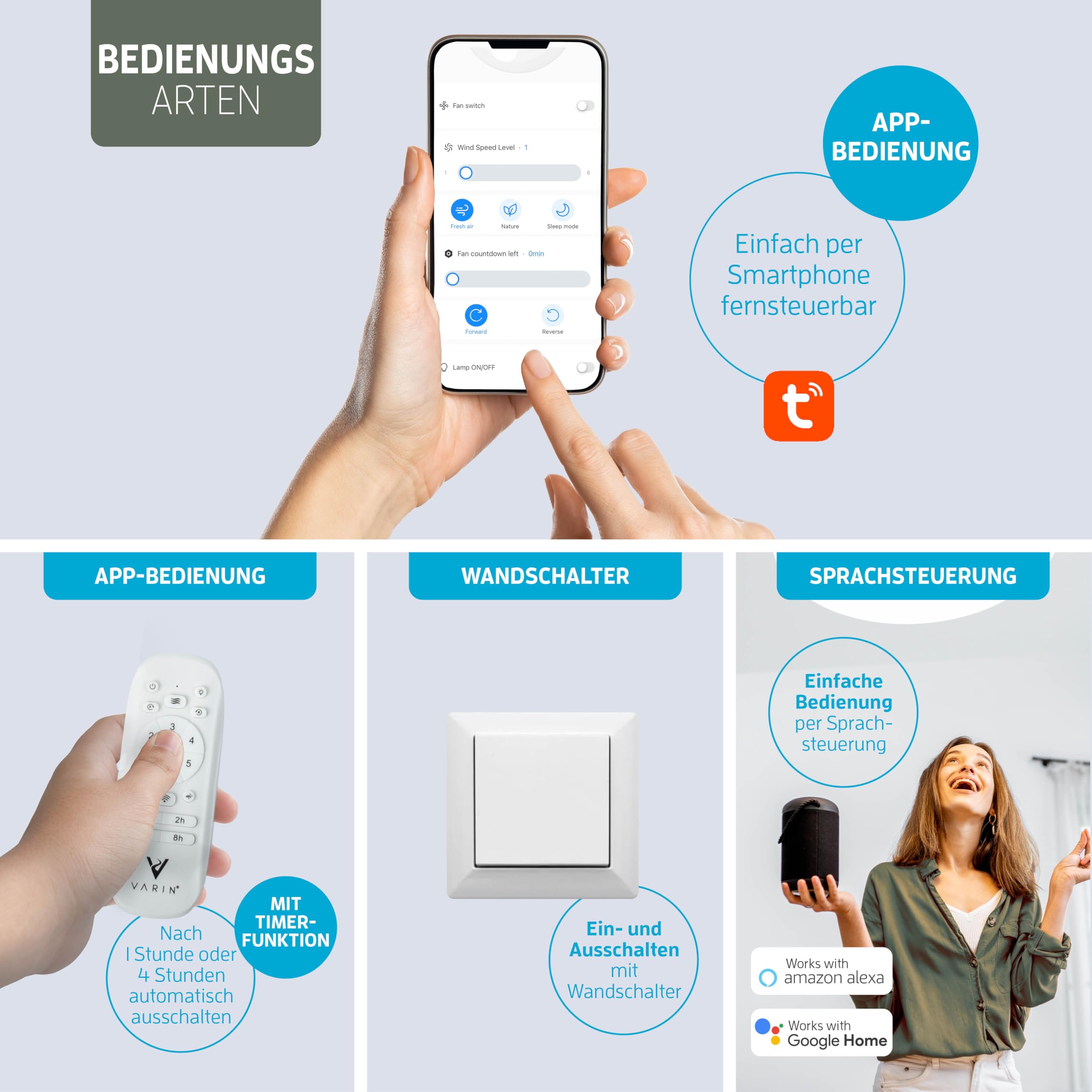 Varin® Smart Deckenventilator mit Beleuchtung, Ø 50cm - Bambus Weiß | Ventilator Lampe Decke mit 4x E27 Fassungen (ohne Leuchtmittel), Tuya WLAN, Deckenleuchte mit Ventilator, Fernbedienung
