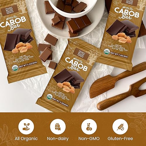 Miniatura 7 de Missy J's Barra de algarroba de mantequilla de maní orgánica de 3 onzas, paquete de 12 unidades, hecha con azúcar de coco, vegana, sin gluten y