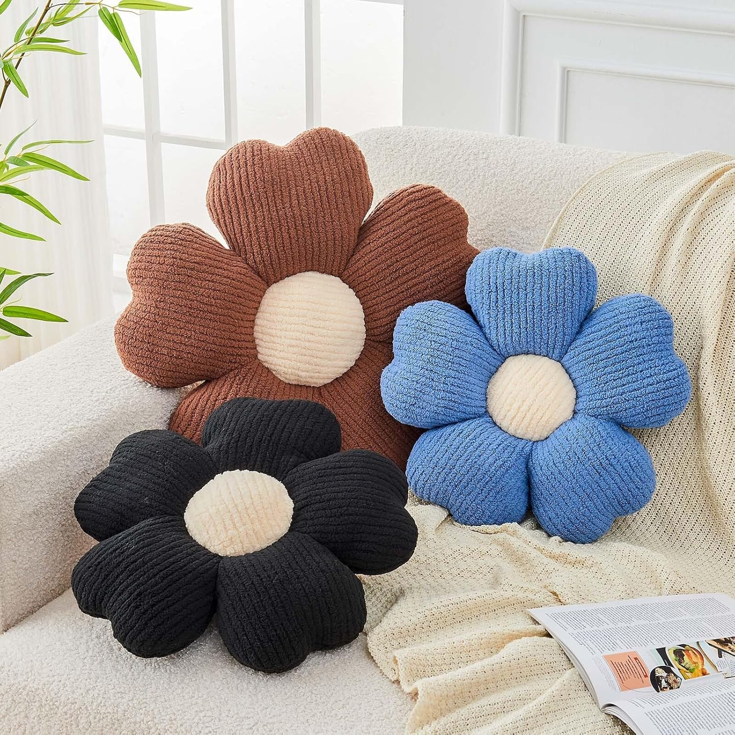 Kcvvcr Flower Throw Pillow, Cute Flower Shaped Pillow Decorative Throw Pillow for Bed Couch, Soft Daisy Pillows Floor Seating Cushion Cushions (19.6 Inch Brown)