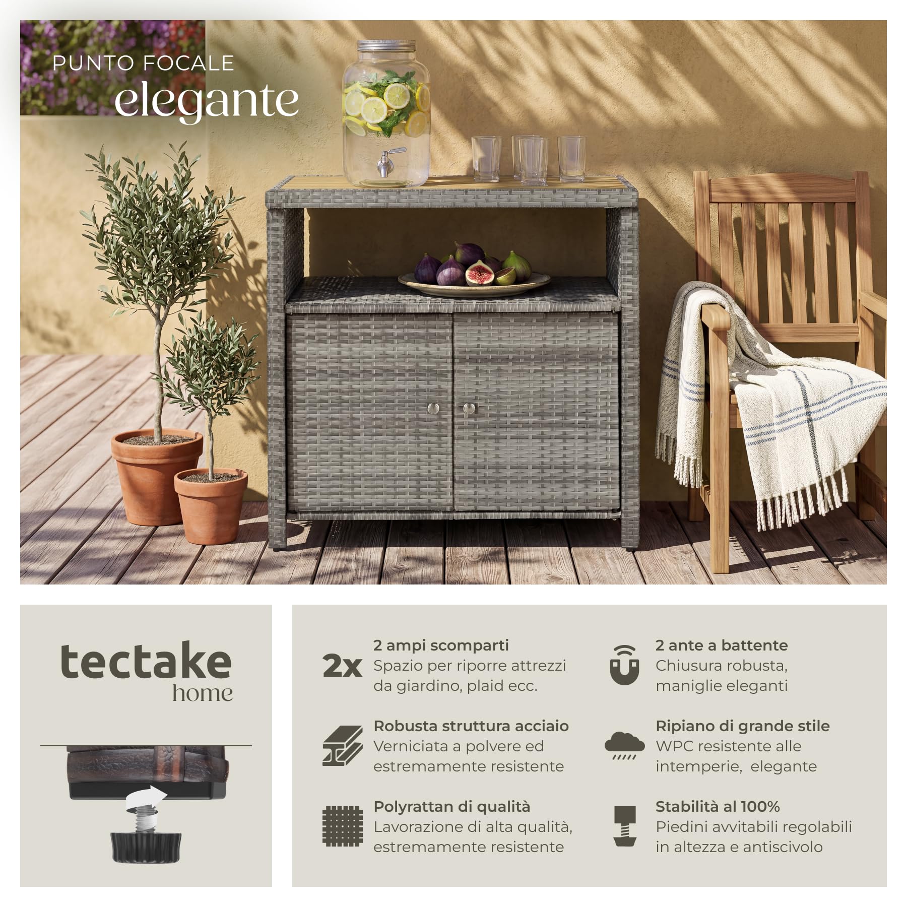 tectake® Armadietto da Giardino in Rattan e WPC, 90 x 55,5 x 87 cm, Mobile da Esterno, 2 Ante, Vano Aperto, Resistente alle Intemperie, Piedini Regolabili, Ideale Arredo Giardino e Terrazzo - Grigio