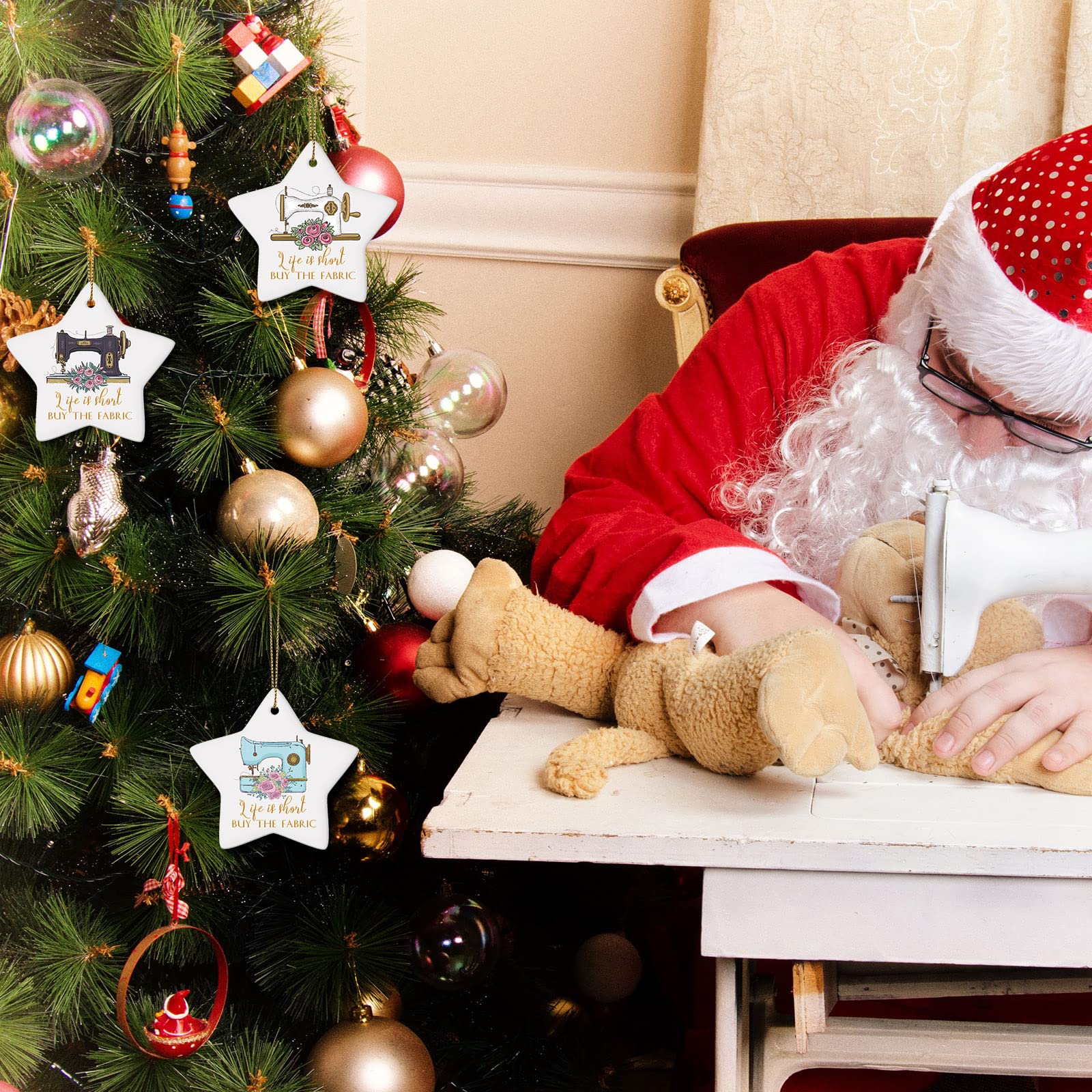 3 piezas de ornamento para máquina de coser para árbol de Navidad, regalo de agradecimiento a los empleados, regalo de agradecimiento a granel de cerámica en forma de estrella vintage para compañero 6