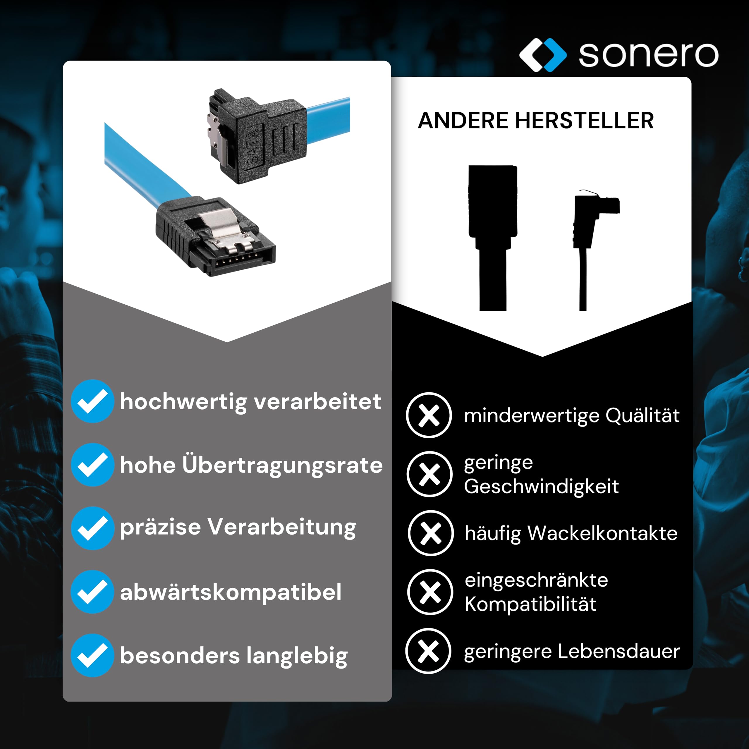 Sonero® kabel do transmisji danych SATA III 6Gb/s, 0,30 m, pod kątem, niebieski