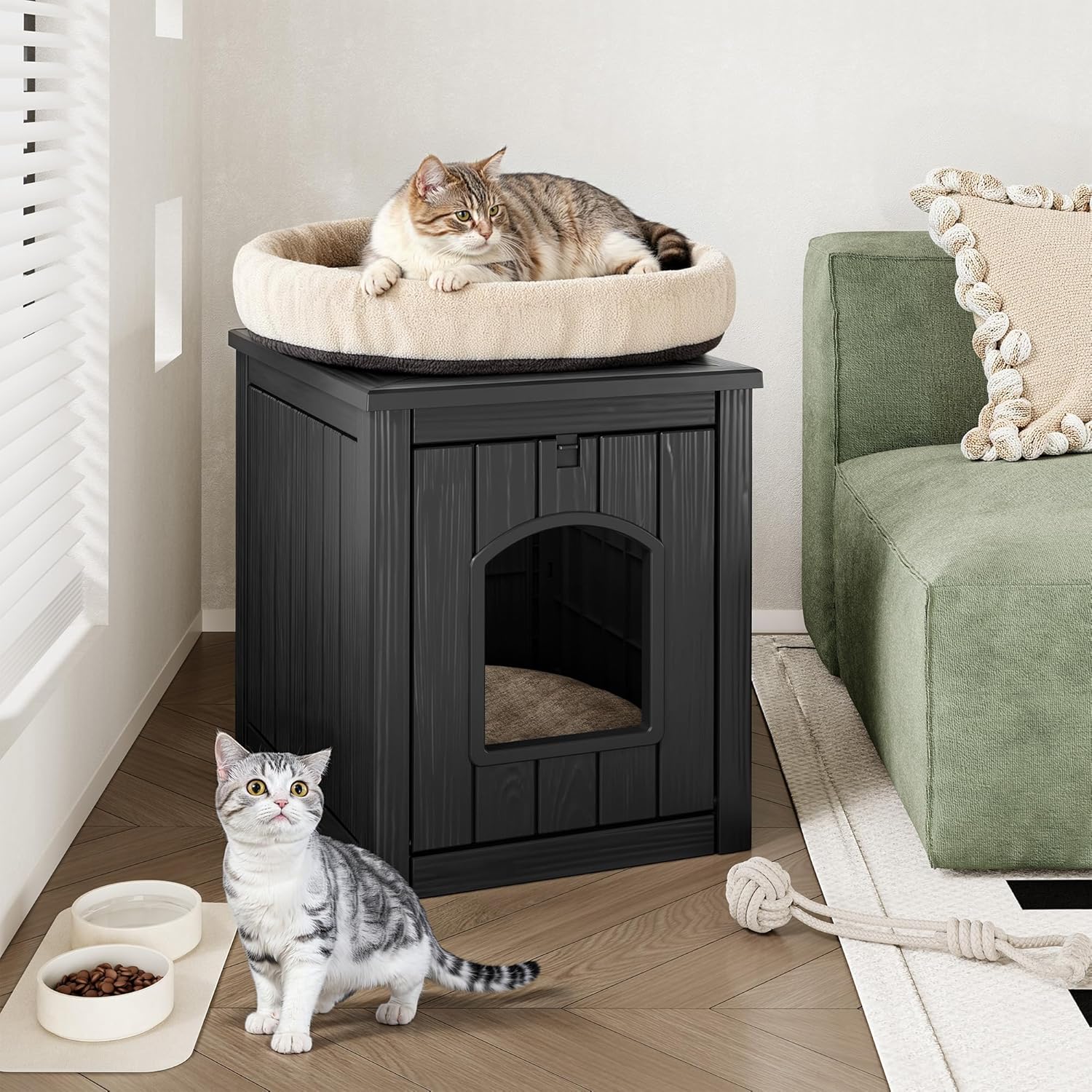 Cat Litter Box Enclosure, Plastic Outdoor Cat House Weatherproof, Multi-Functional Hidden Litter Box Furniture for Living Room, Backyard, Patio, Black